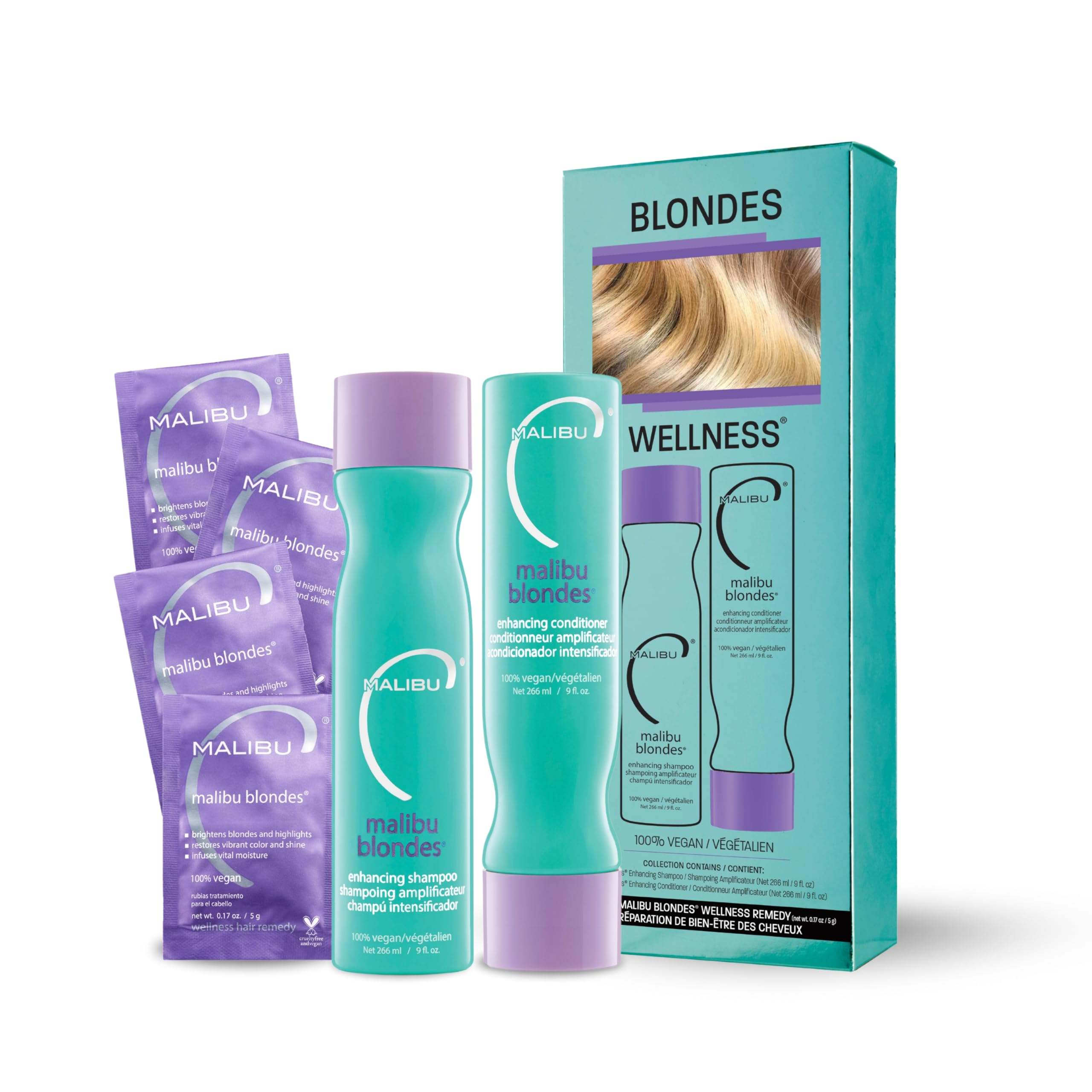 Malibu C Blondes Wellness Collection Hair Kit Protects and Preserves Color Vibrancy Shampoo, Conditioner & Hydrating Hair Remedy - Infuses Moisture with Enhanced Vitamin Complex