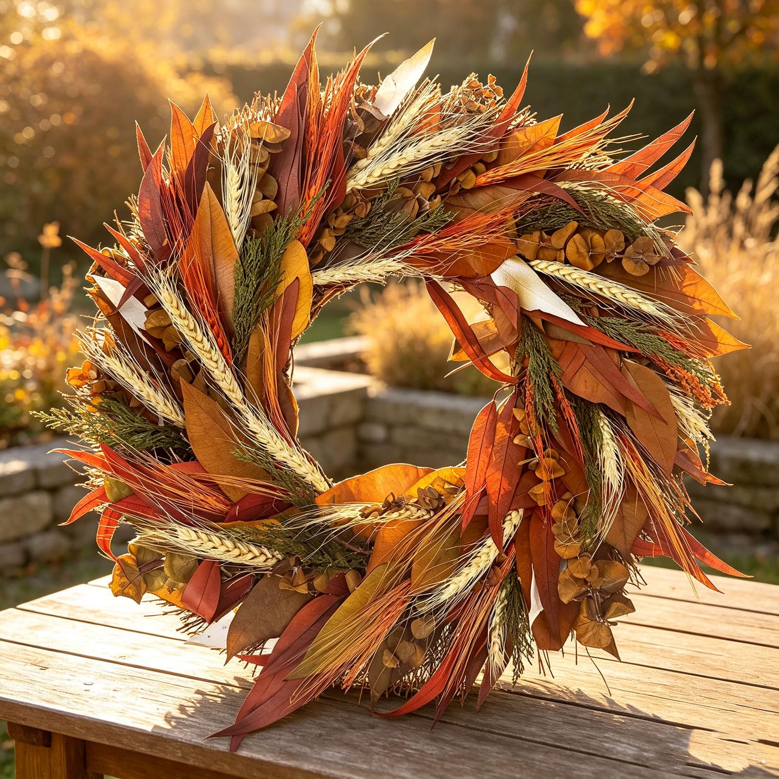 Künstlicher Herbst Türkranz mit Weizenähren und bunten Herbstblättern, 30-50cm Erntedankfest Kranz, Ernte Dekokranz für Haustür, Wand, Bauernhaus, Thanksgiving, Innen & Außen Dekoration (50 cm)