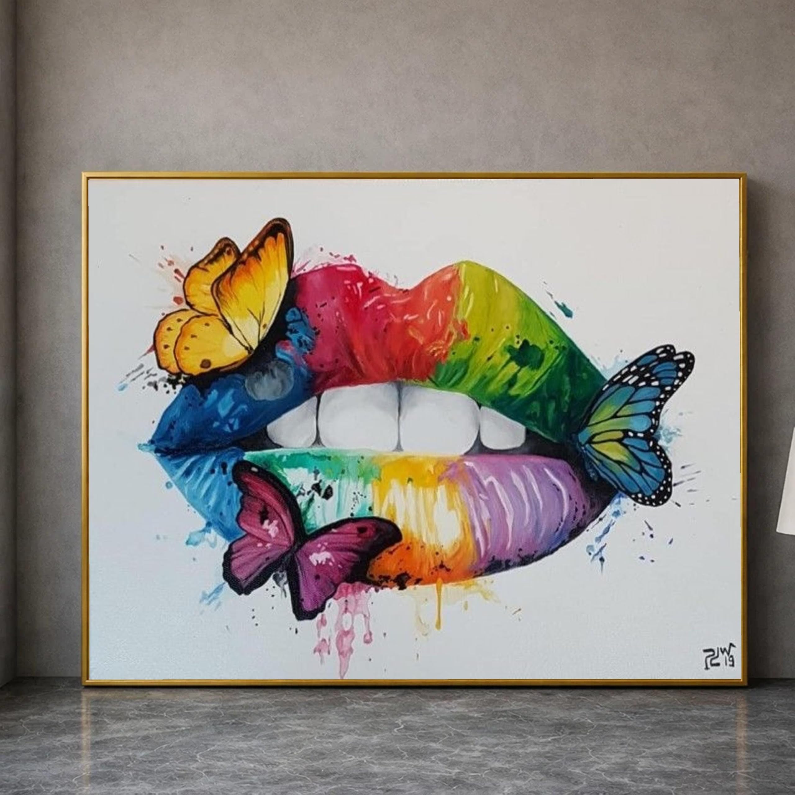 Lmycheng Frameless Rainbow Lips Oil Painting Canvas Art, Colorful Butterfly Wall Pictures, Abstract Pop Art Lip Canvas Print Home Decor(70X110cm/Frameless)