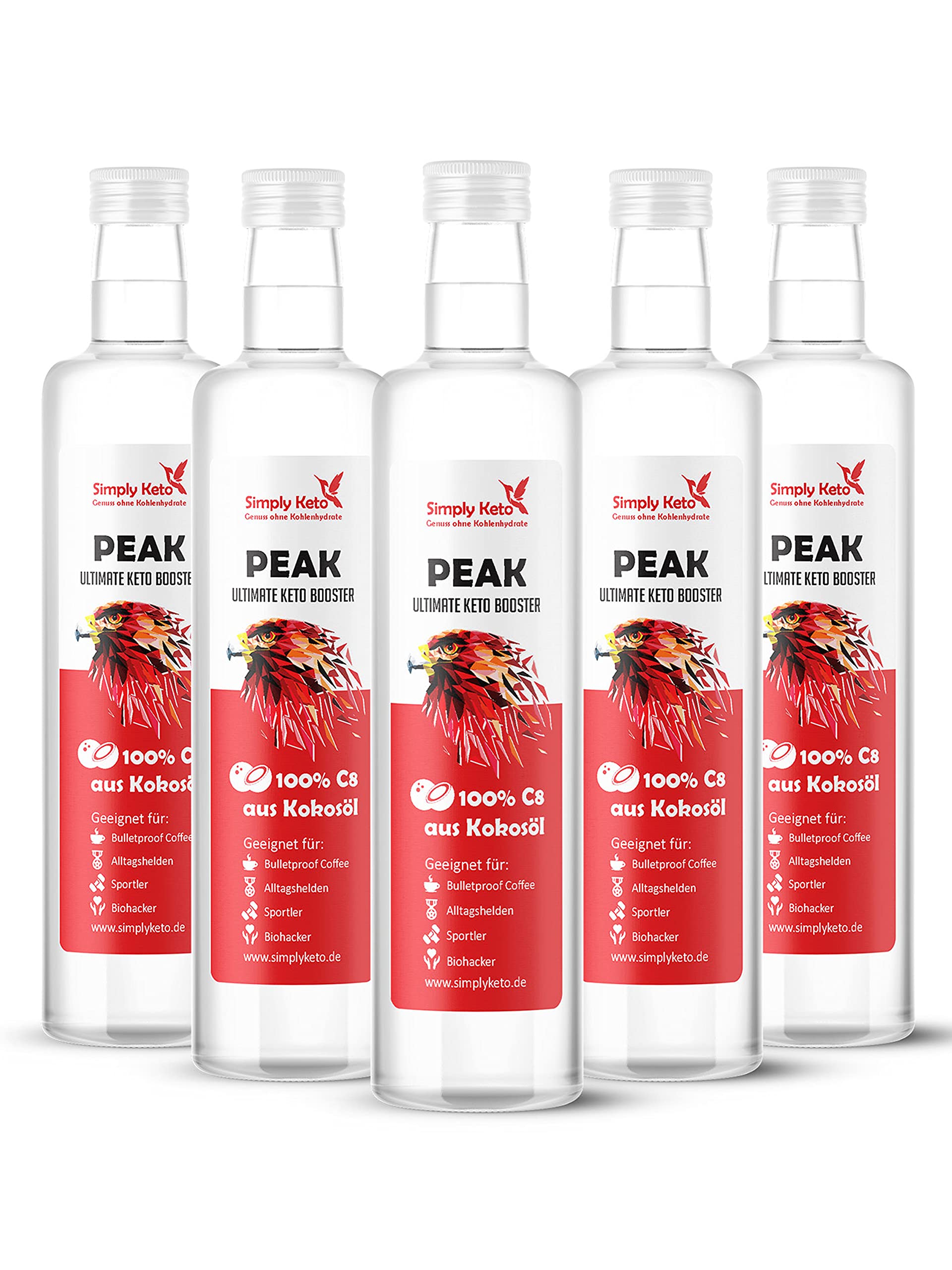 Simply Keto Peak C8 Öl - MCT Öl auf Kokosöl Basis - 100% Caprylsäure - Vegan & Palmölfrei - Geschmacksneutral - Optimal für ketogene Ernährung & Bulletproof Coffee - 5x500ml