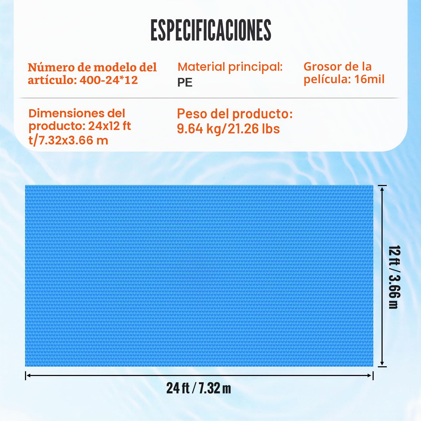 VEVOR Cubierta Solar para Piscina Manta Solar para Piscinas Cubierta Solar para Piscina Enterrada sobre el Suelo Cubiertas Solares de Color Azul de 16 mil para Piscinas