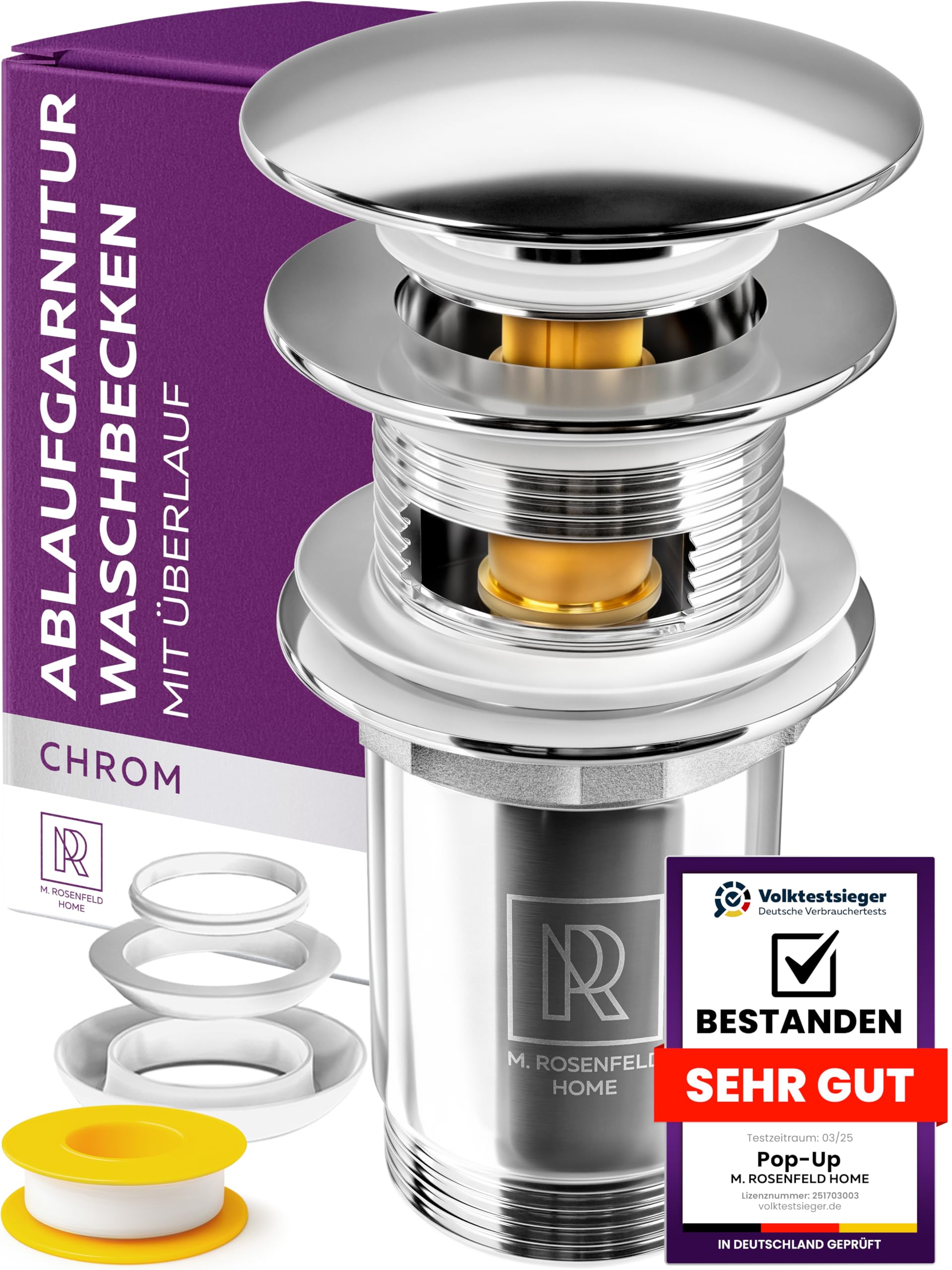 M. ROSENFELD HOME Ablaufgarnitur Waschbecken 1 1/4" – Push Open Pop Up Ablaufventil für Waschtisch, Waschbeckenablauf & Abflussgarnitur mit & ohne Überlauf, Waschbecken Zubehör