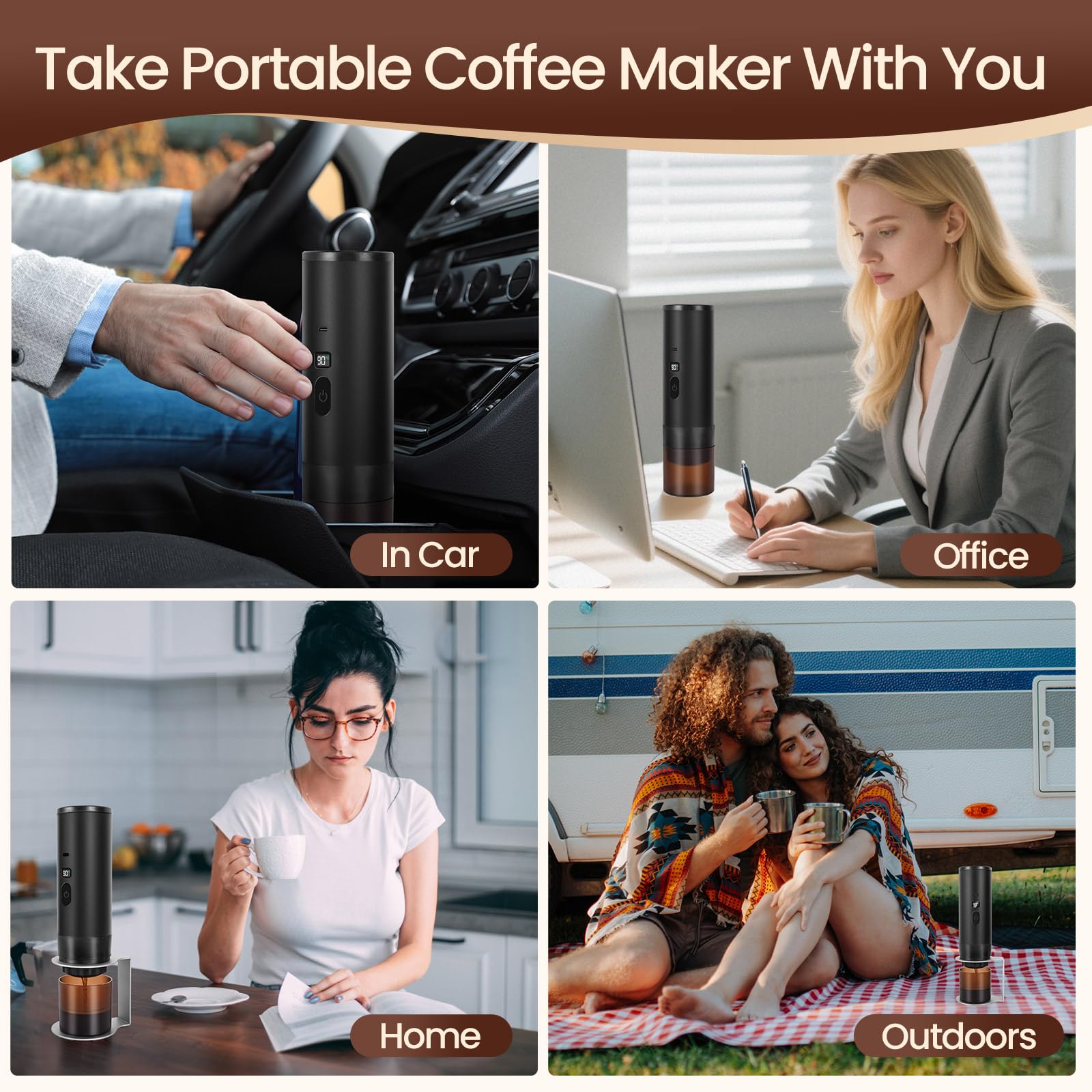 LAMA Machine à café portable, machine à expresso électrique avec Support, mini machine à capsules, compatible avec les capsules et le café moulu, chauffe instantanée, pour camping voyages, Noir