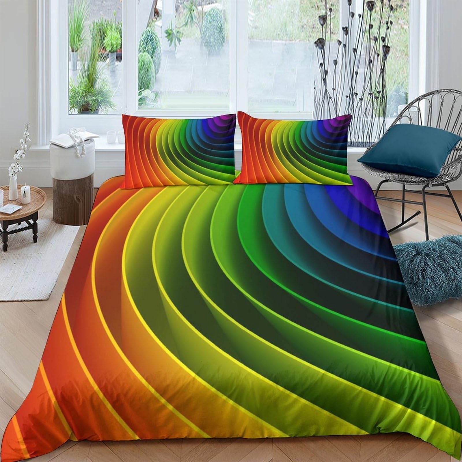 GPLZQXKJNH 3D Printed Rainbow Wave Duvet Cover Microfiber Soft Breathable Gradient Spiral Bedding Set with 2 Pillowcases for Bedroom Decoration Single（135x200cm）