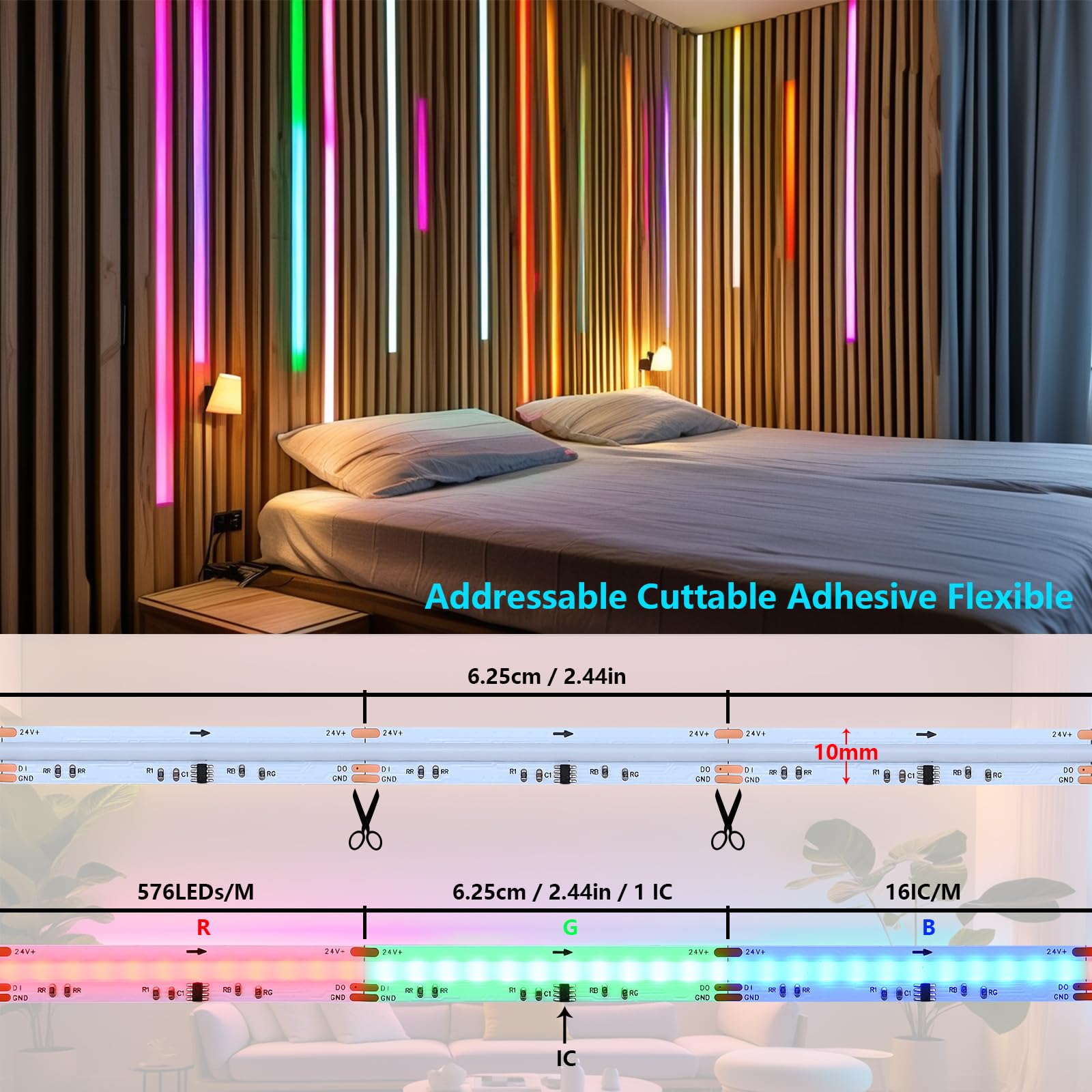 BENLUN Striscia LED COB WS2811 24V 20 Metri, RGB+IC Effetto Chase Luci LED | Strisce LED Dimmerabile Adesive 180W con Telecomando e Alimentatore per camera da letto, Cucina, Gaming, 10 Metri X 2