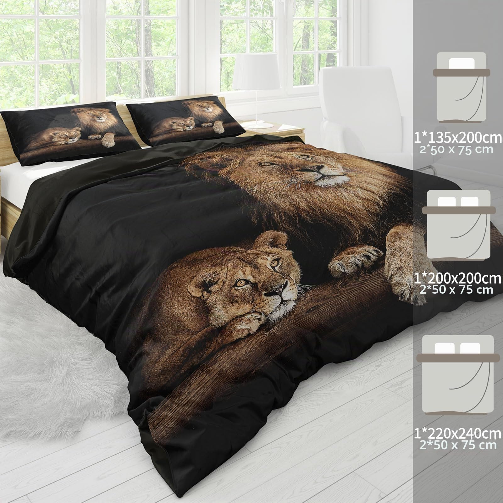 Biancheria da letto 3D, motivo leone, 135 x 200 cm, colore nero, con chiusura lampo nascosta, in microfibra, reversibile, moderna, copripiumino e federa (stile 2, 135 x 200 cm)