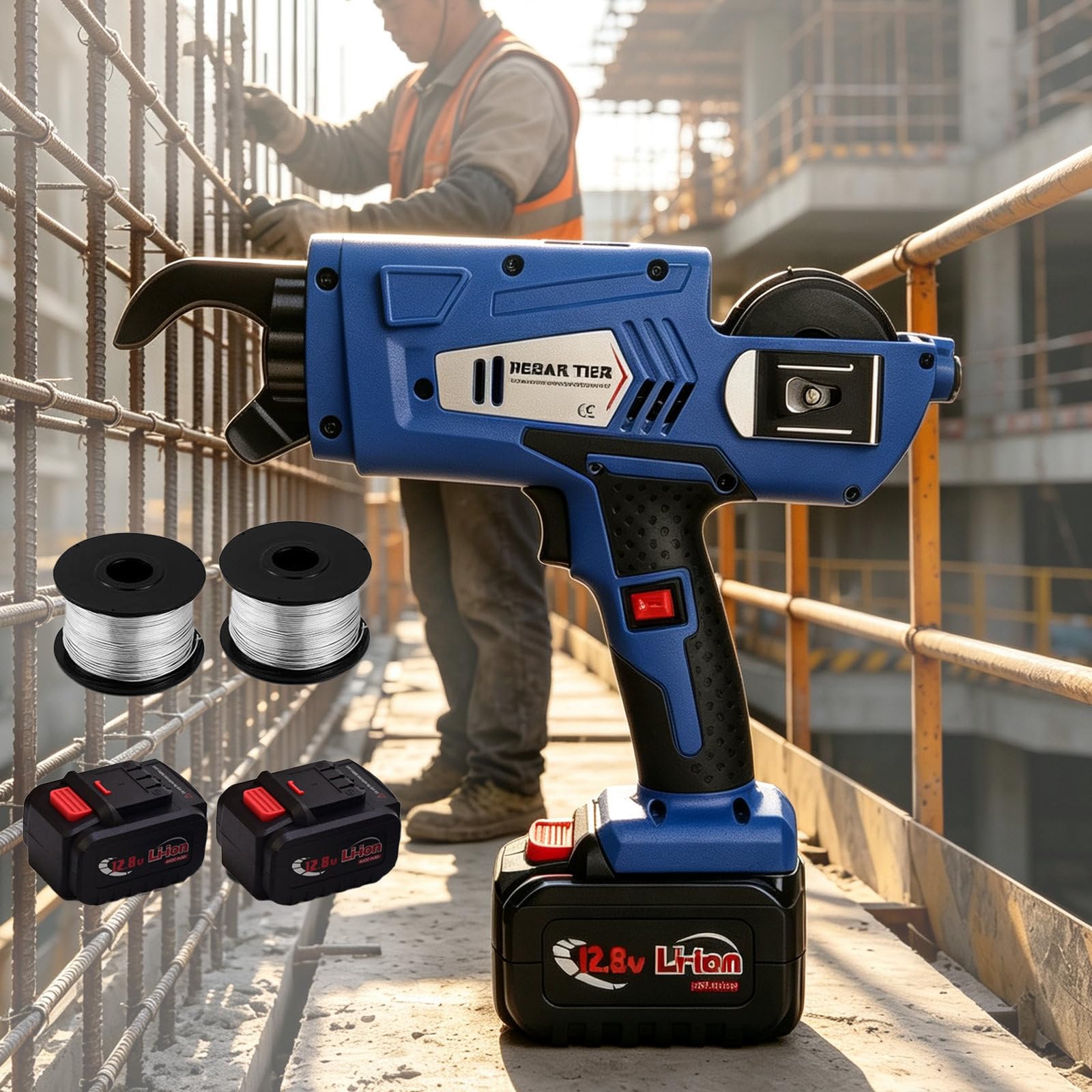 SOTIKARERY Handheld Rebar Tying Machine, 12.8V Electric Strapping Steel Bar Tie Tool with 2 Battery(4400mAh), 2 Rolls of Wire for Steel Band Wire Ties(34mm(1.34in)
