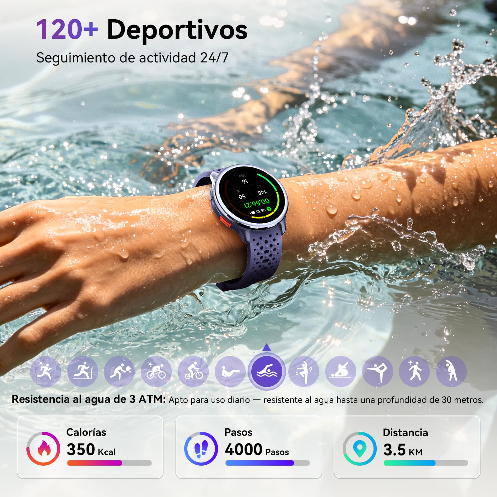 Reloj Inteligente Mujer 1.27" Smartwatch Redondo 2 Correas, Monitor de Sueño Funciones de Salud y Fitness 120+ Modos Deportivos 3ATM Impermeable para iPhone/Samsung/Android Púrpura