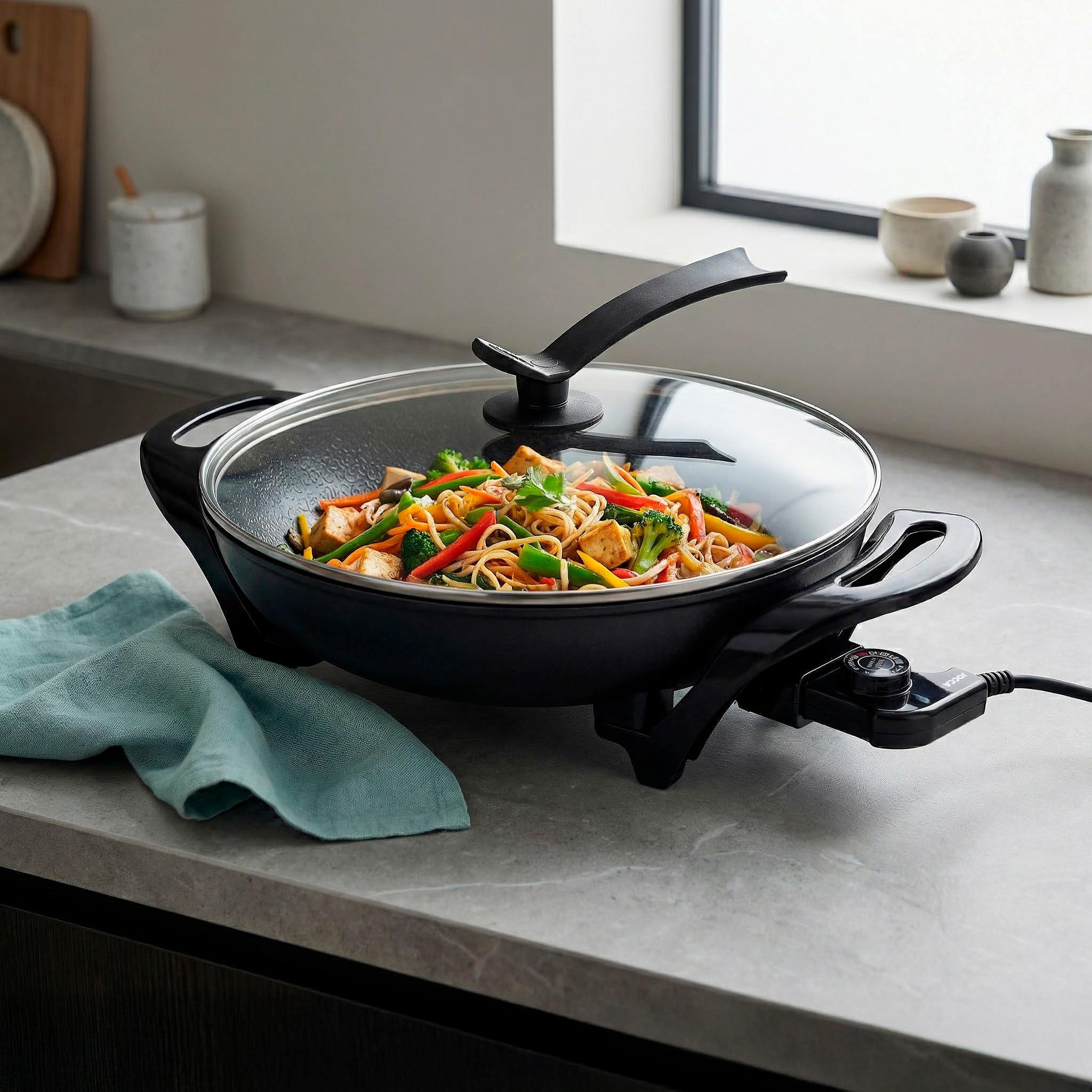 Jocca-Wok Eléctrico Multifunción 32 cm con Tapa de Cristal, Revestimiento Cerámico Antiadherente, Termostato Ajustable, 1600W, Ideal para Saltear, Freír y Cocinar al Vapor