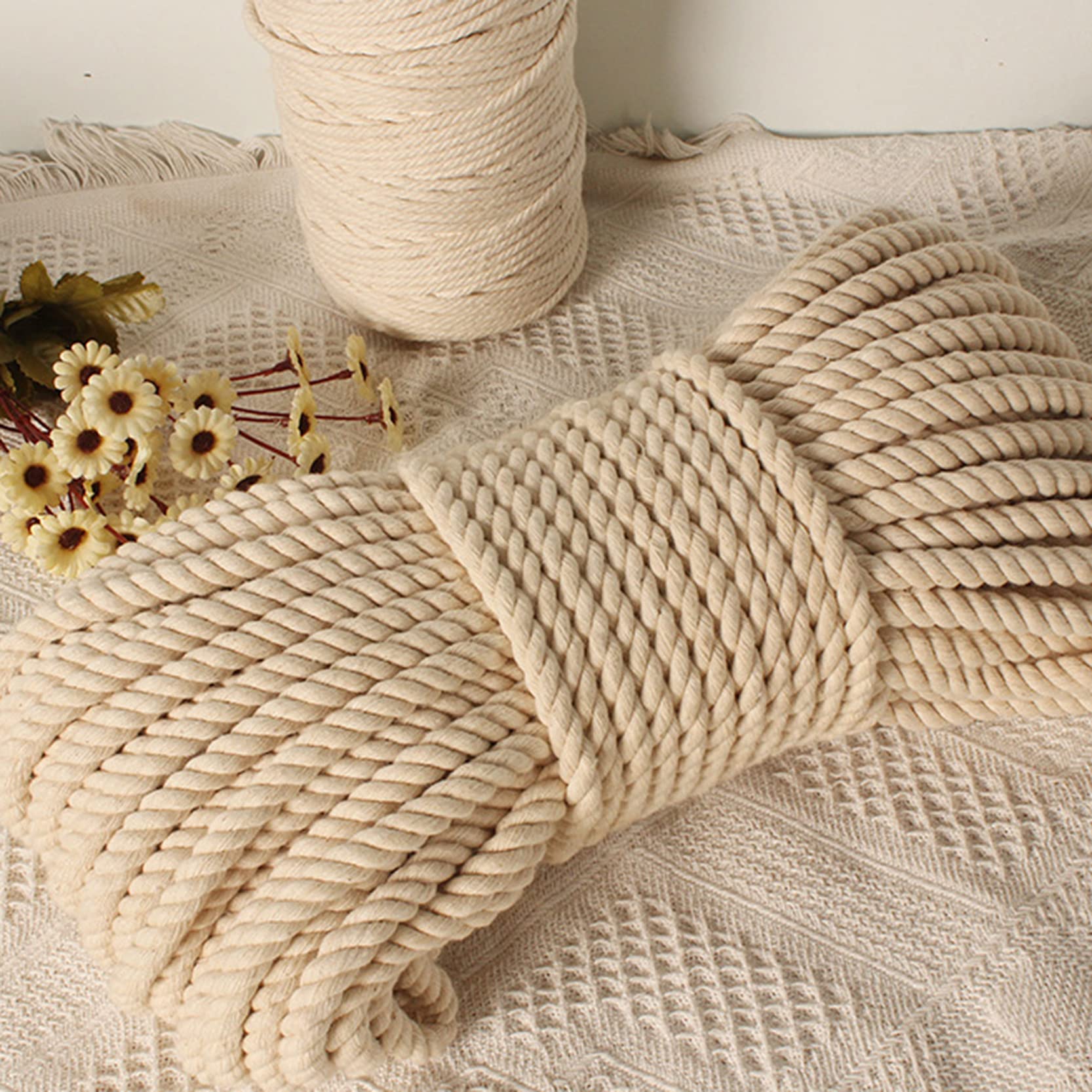 ZNKZJ Cordón de macramé de algodón 2 Piezas,Cuerda de macramé Cordón de algodón Trenzado Fuerte Suave 200m / 500m / 1000m,para Colgar en la Pared de macramé Hecho a Mano,Beige-5mm_500m