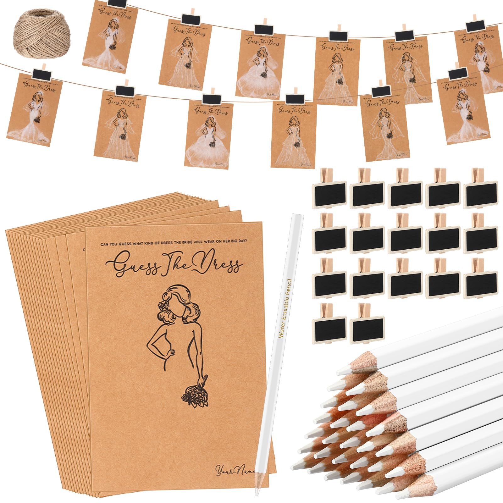 Sinload 30 Set Guess the Dress Bridal Shower Games for Guest Bridal Shower Game Include 30 Wedding Shower Card 30 Water Soluble Pencil 30 Fun Wooden