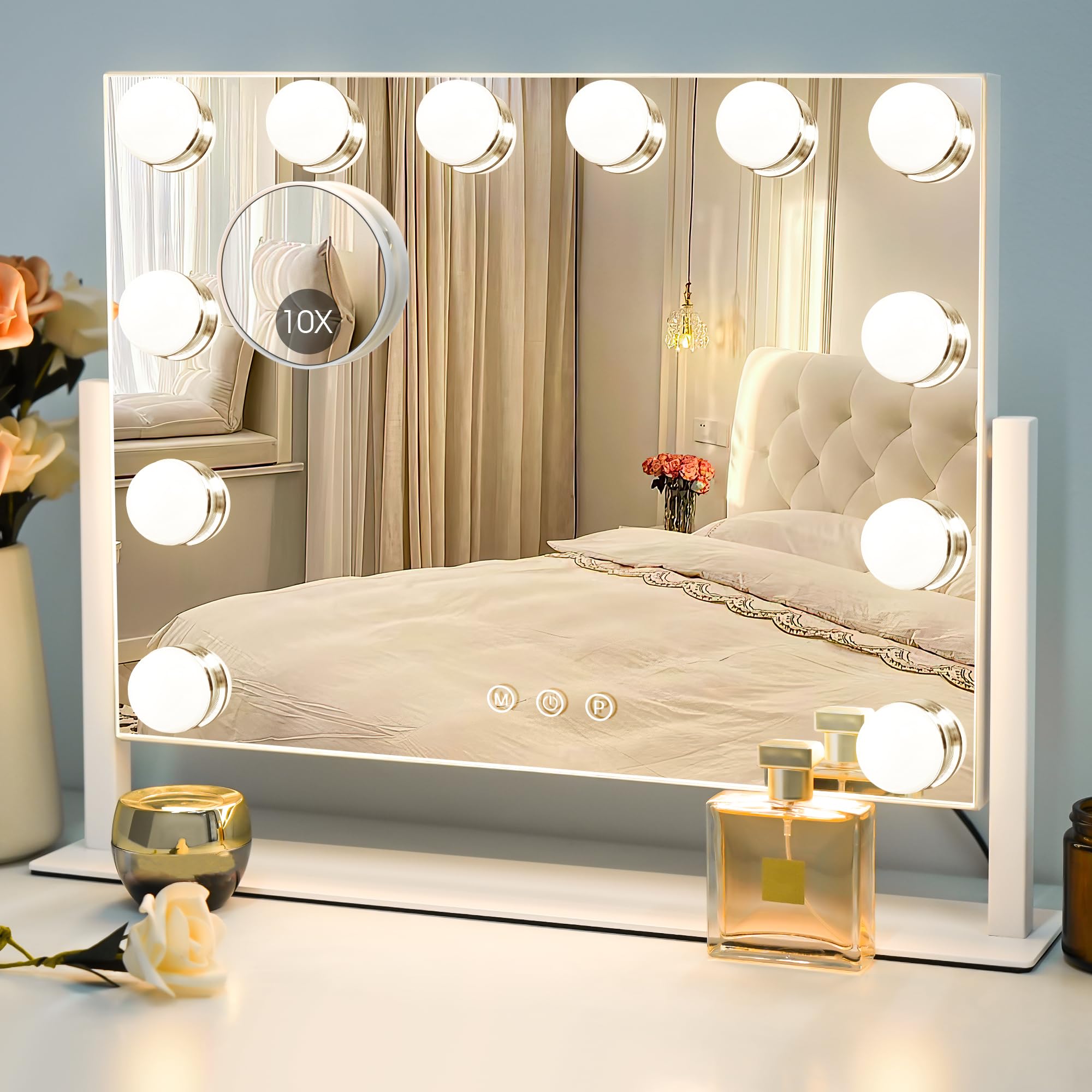 Sucedey Specchio da Trucco, Hollywood con 12 Lampadine, 3 Modalità Colore, Luminosità Regolabile, Controllo Touch, Specchio Zoom 10X Staccabile, Rotazione 360° (Bianco)