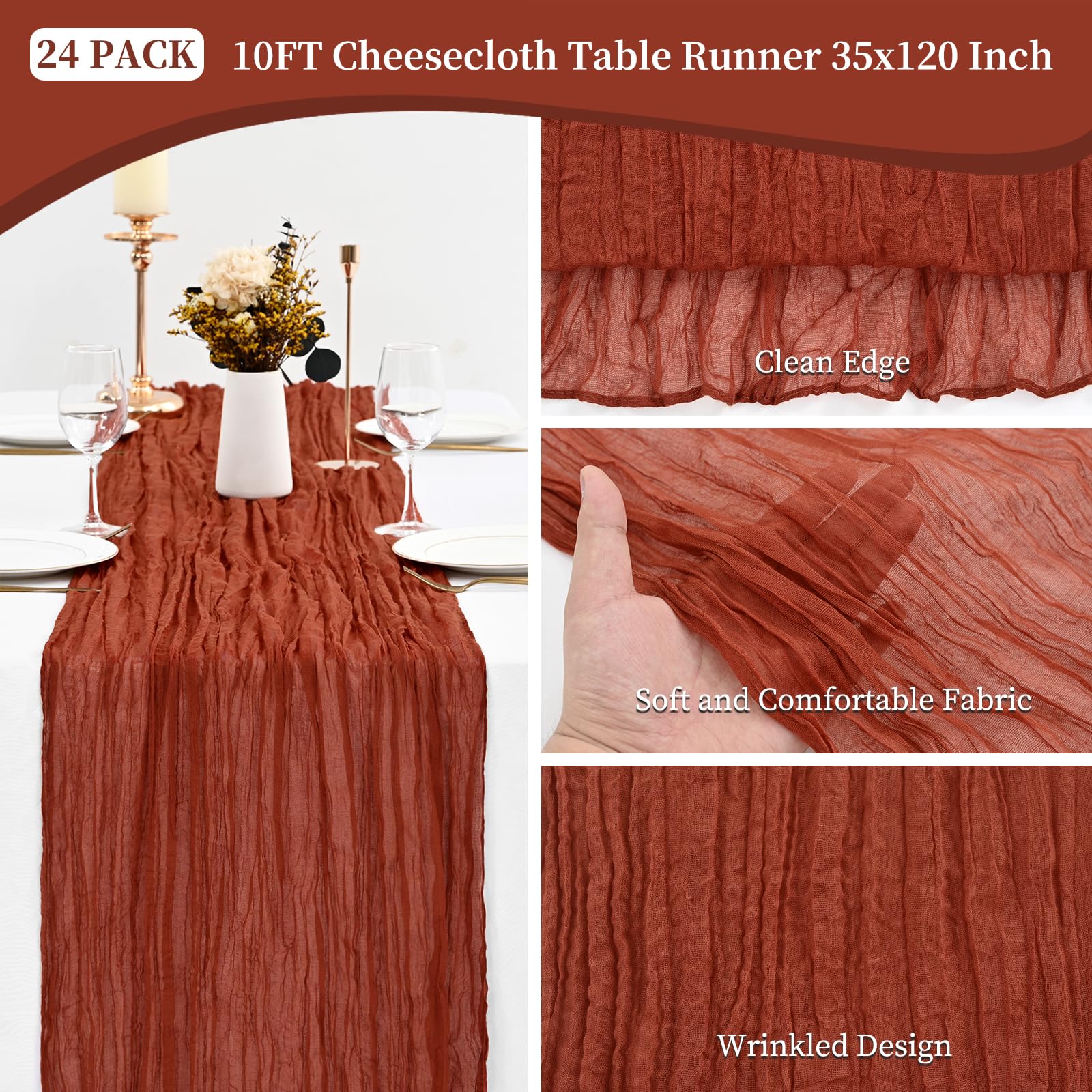 Terrakotta-Käsetuch-Tischläufer, 3 m, Gaze-Tischläufer für Hochzeitsempfang, durchsichtig, Brautparty, Geburtstag, Party, Boho-Tischdekoration, rustikal, romantisch, Hochzeitsläufer, 24 Stück