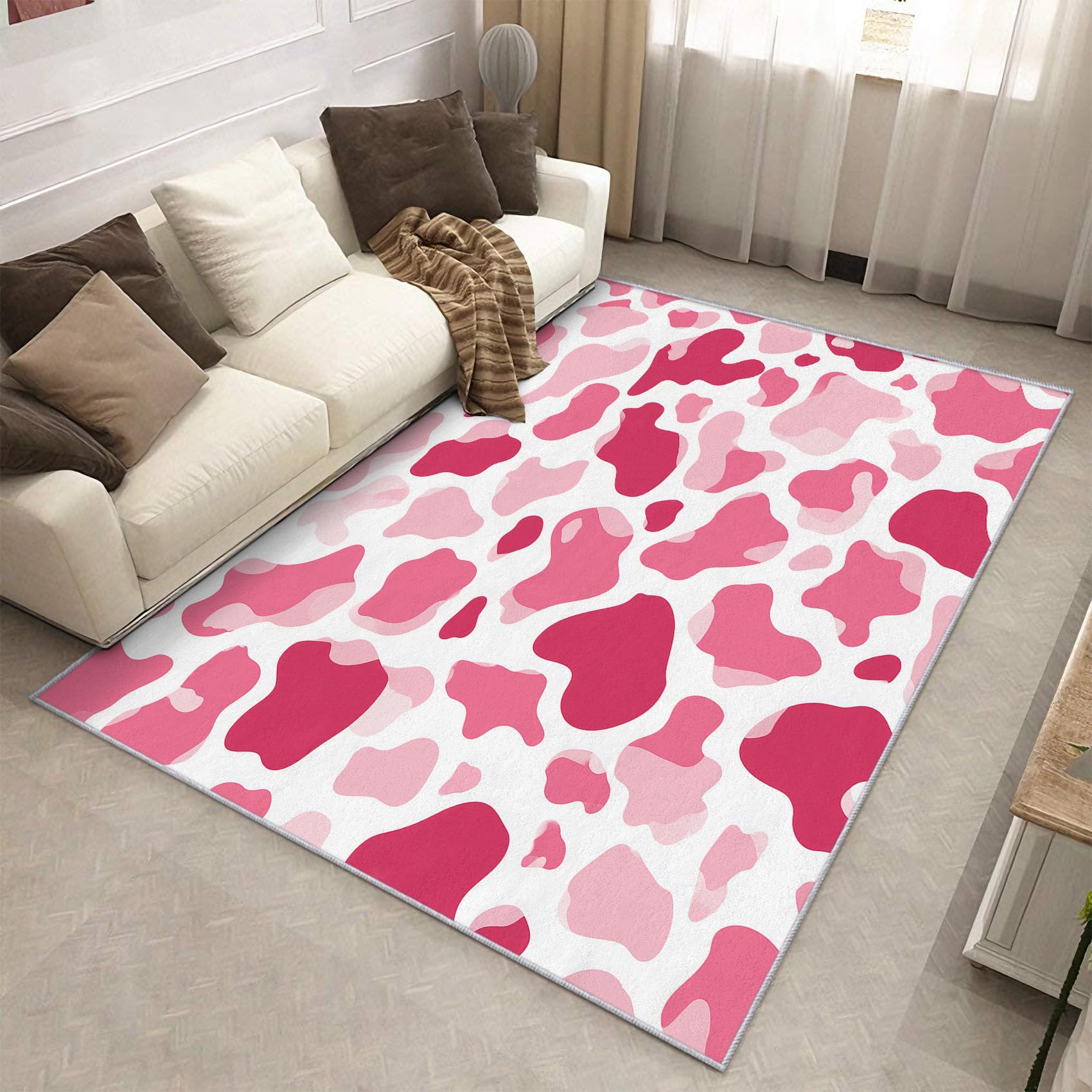 Tapis salon imprimé vache rose antidérapant 180 x 240 cm pour chambre
