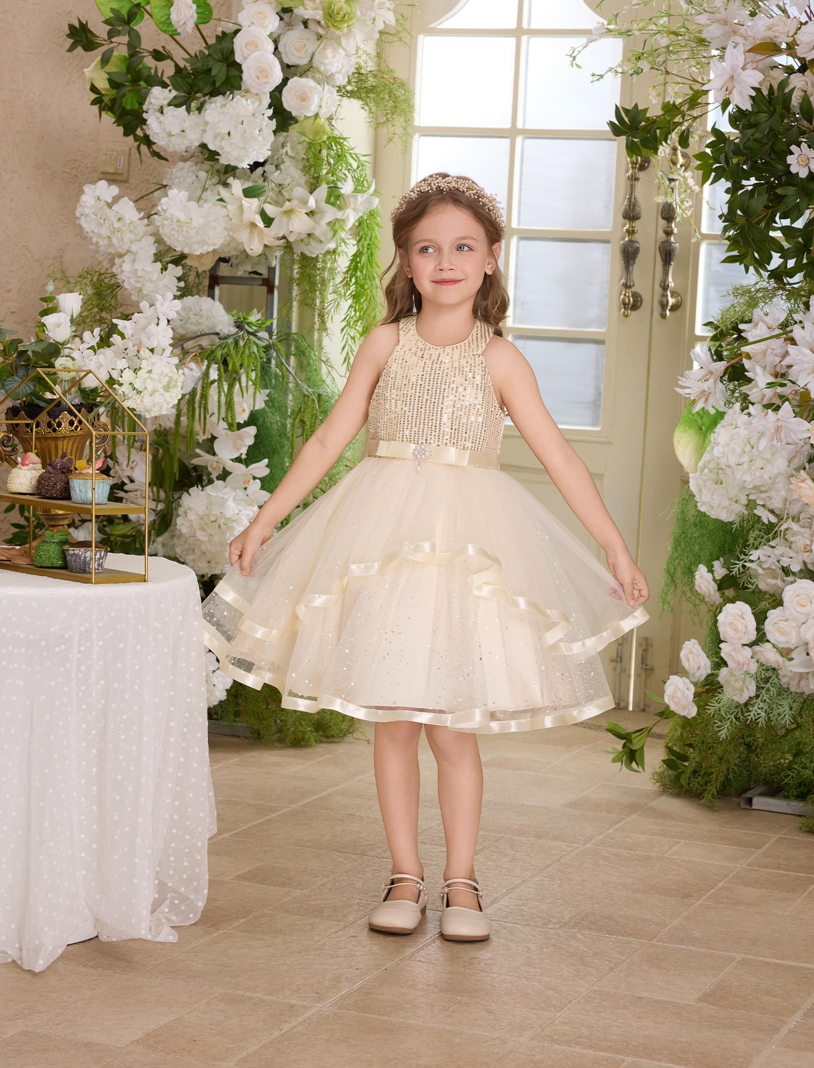 OBEEII Kleinkind Mädchen Festzug Kleid Prinzessin Pailletten Tüll Tutu Kleid Geburtstag Party Fotoshooting Kleid Glitzer Blumenmädchen Kleid