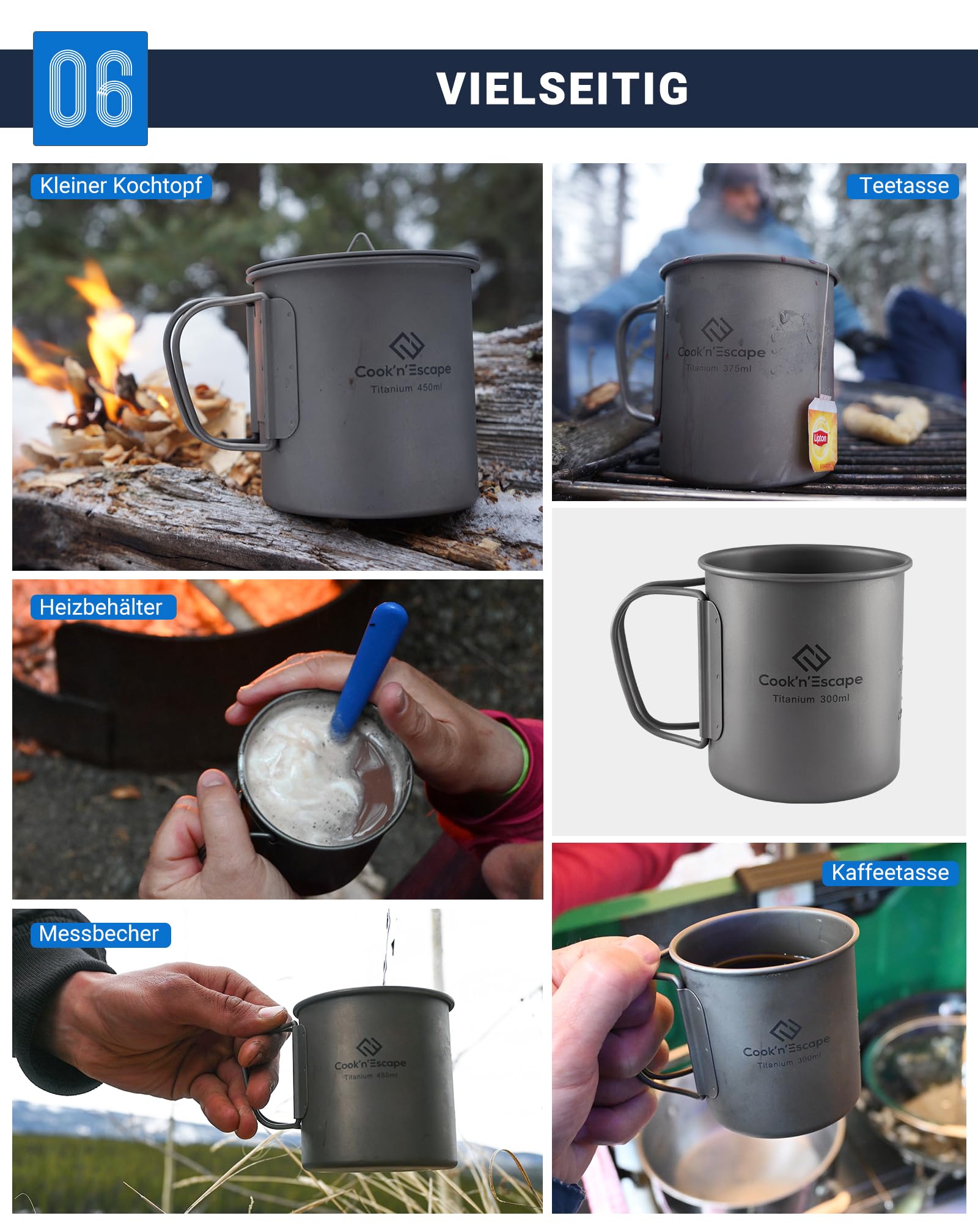 COOK'N'ESCAPE Titan Becher Camping – Ultraleichte Camping Tasse aus Titanium mit Deckel und klappbarem Griff, Aufhängbar, Robust & Hitzebeständig, ideal für Camping, Wandern und Outdoor-Picknick