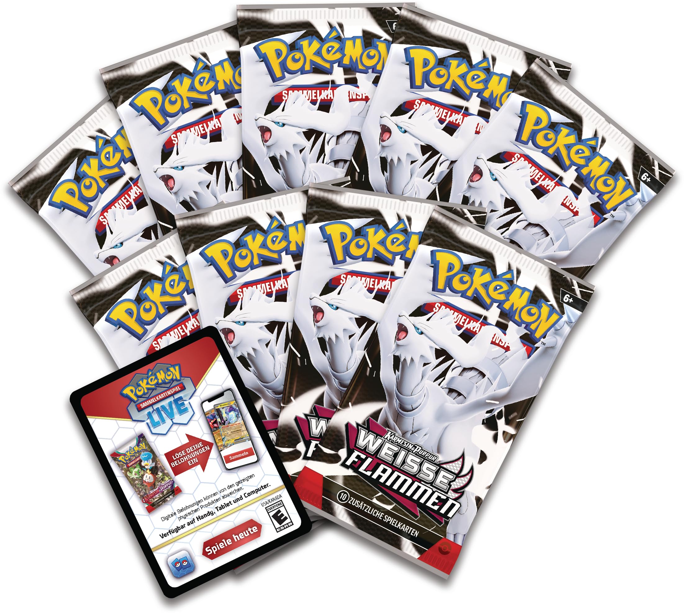 Pokémon-Sammelkartenspiel: Top-Trainer-Box Karmesin & Purpur – Weiße Flammen: Reshiram (1 Vollbild-Promokarte mit Boreos, 9 Boosterpacks & Zubehör)