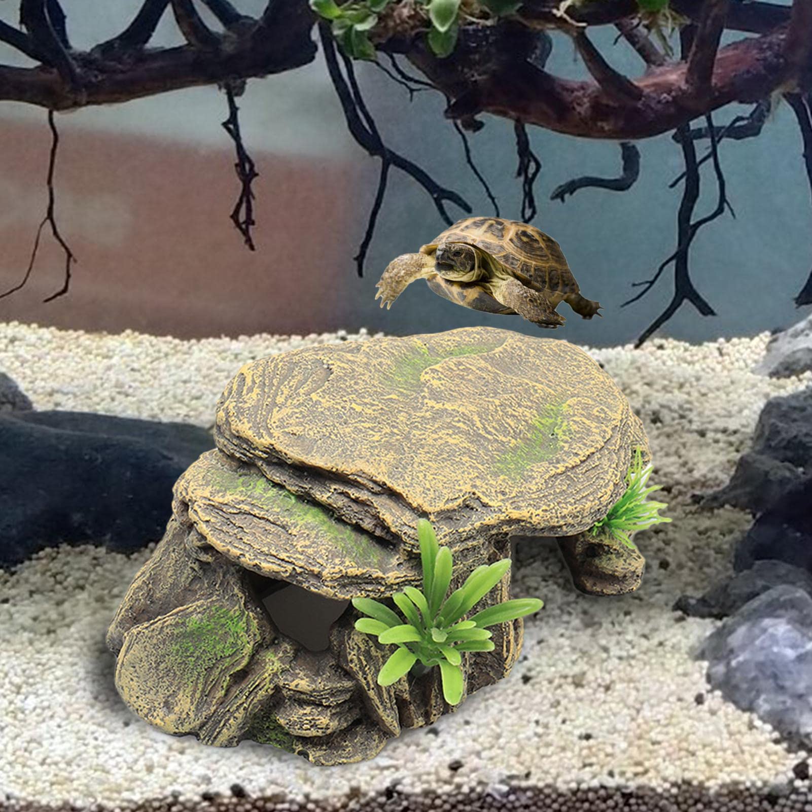 Habitat pour tortues - Grande grotte pour reptiles, rocher décoratif en résine, plateforme de repos pour amphibiens