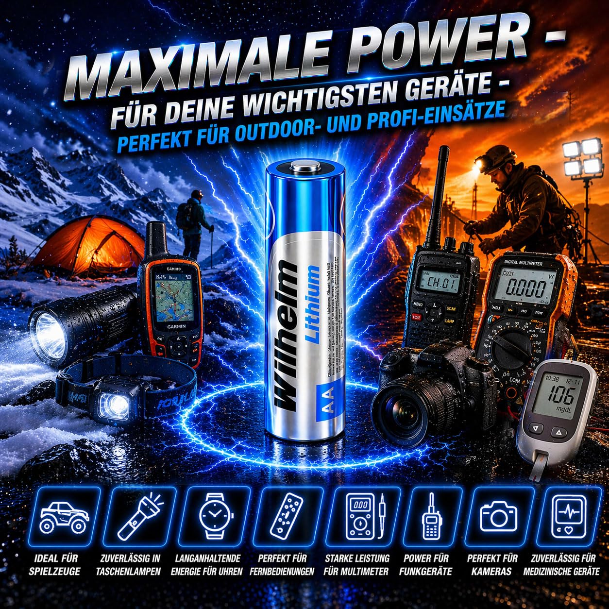 Wilhelm Lithium AA Batterien Mignon LR6 1,5 V Lange Laufzeit – 100 Stück