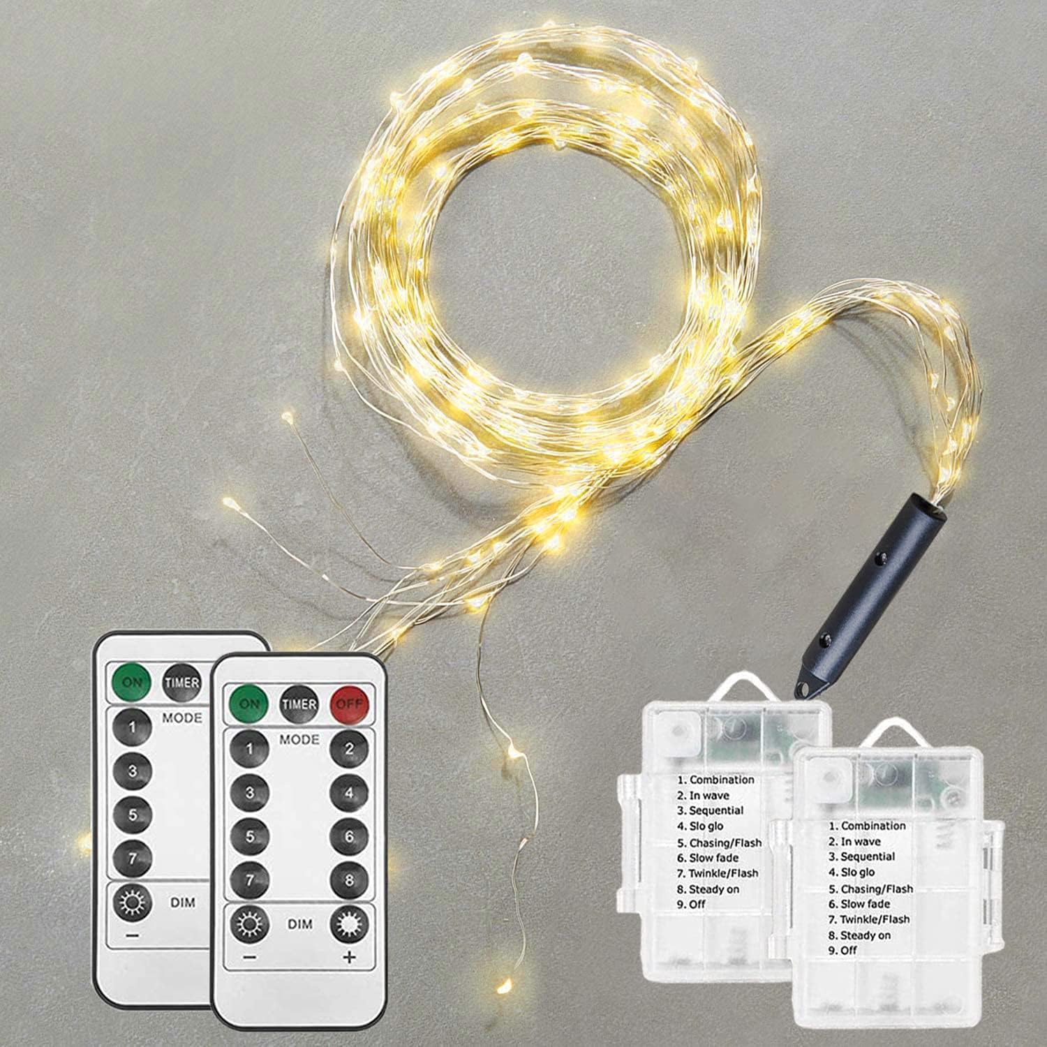 Solhice 2 Pack 200 LED Fairy Lights, Multi Strand Battery Operated Watering Can Light Outdoor, Waterproof Waterfall Fairy Lights, Warm White Firefly Bunch Lights