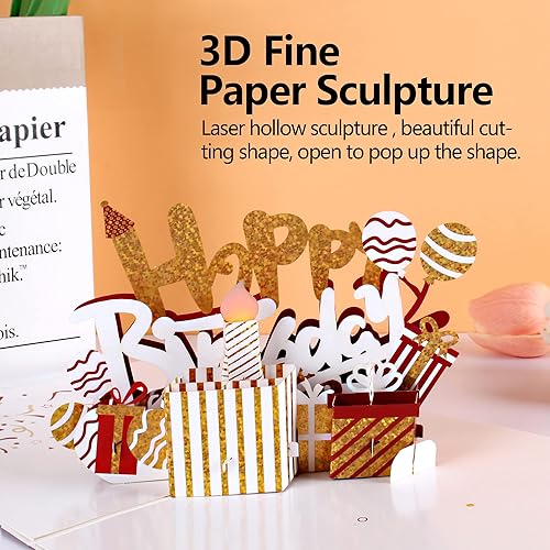 Miniatura 7 de evron Tarjetas de cumpleaños con velas 3D desplegables, velas de luz LED multicolor, tarjetas musicales de cumpleaños, divertida tarjeta inflable