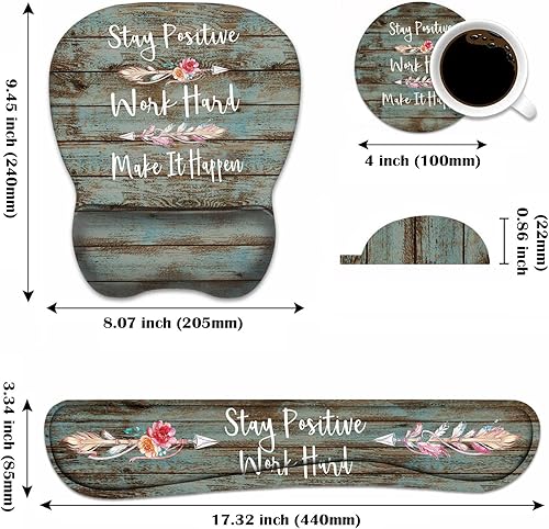 Miniatura 2 de Juego de reposamuñecas y reposamuñecas para teclado con posavasos, cita inspiradora que se mantiene positivo, trabaja duro y hace que suceda con