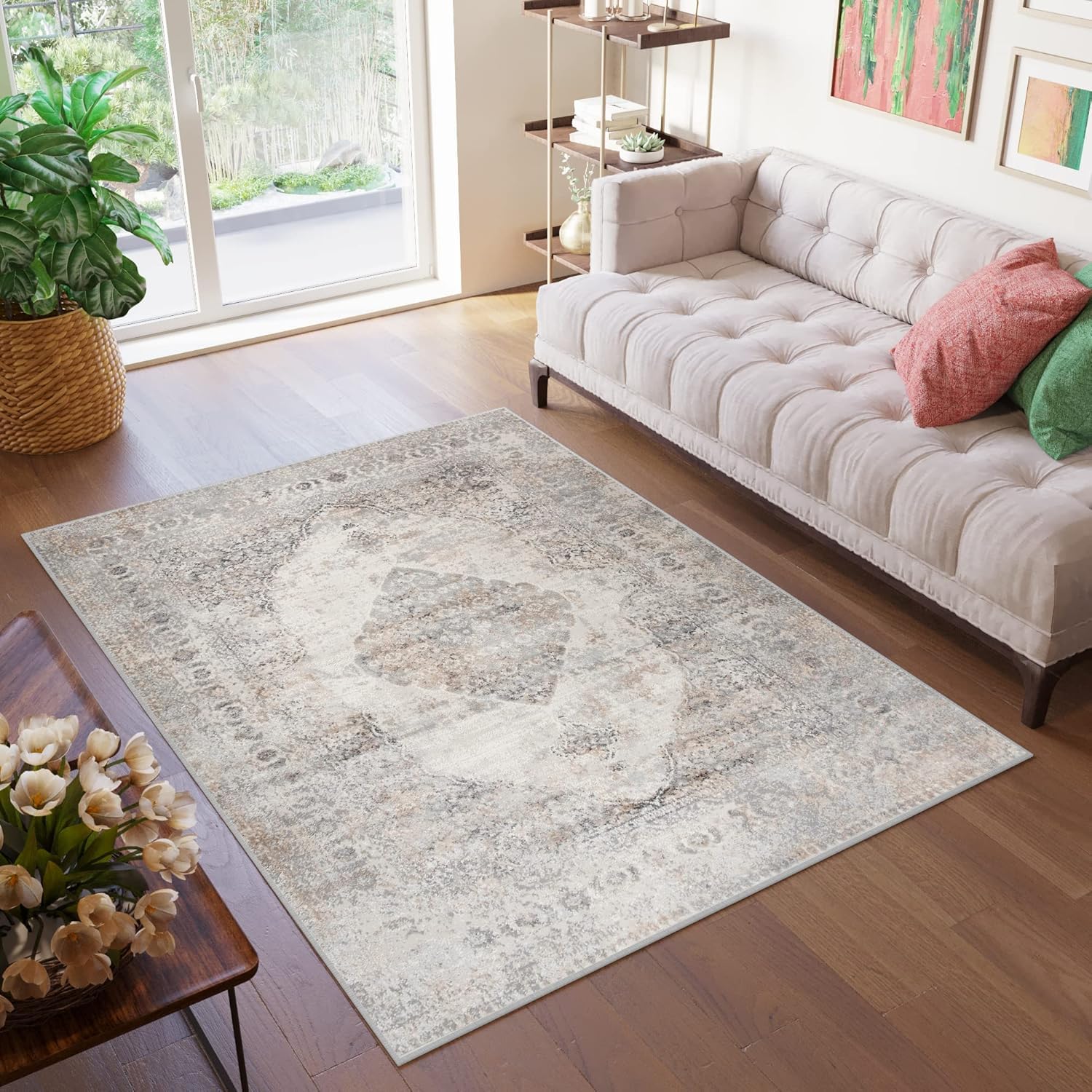 TAPISO Valley Tapis Poil Court Traditionnel Vintage Gris Beige Moucheté Motif Ornamental Bordure Tapis Salon Chambre Salle à Manger Bureau Oeko-TEX Résistant 200 x 300 cm