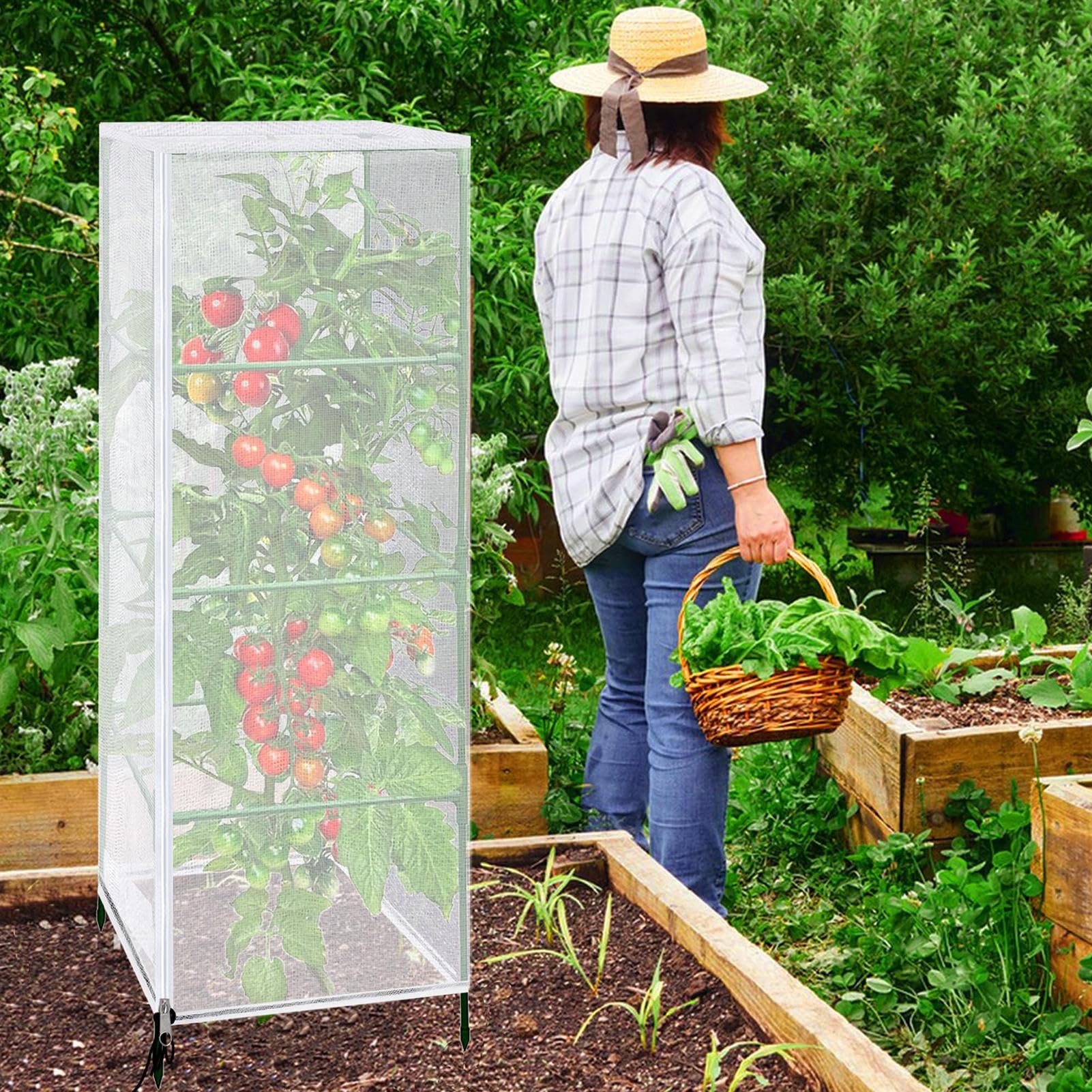 Protezione per piante, rete quadrata anti-moscerino, 150 x 45 cm, protezione per piante da giardino con cerniera e coulisse, per gatti, scoiattoli, , frutta, fiori, fragole, pomodori, balconi