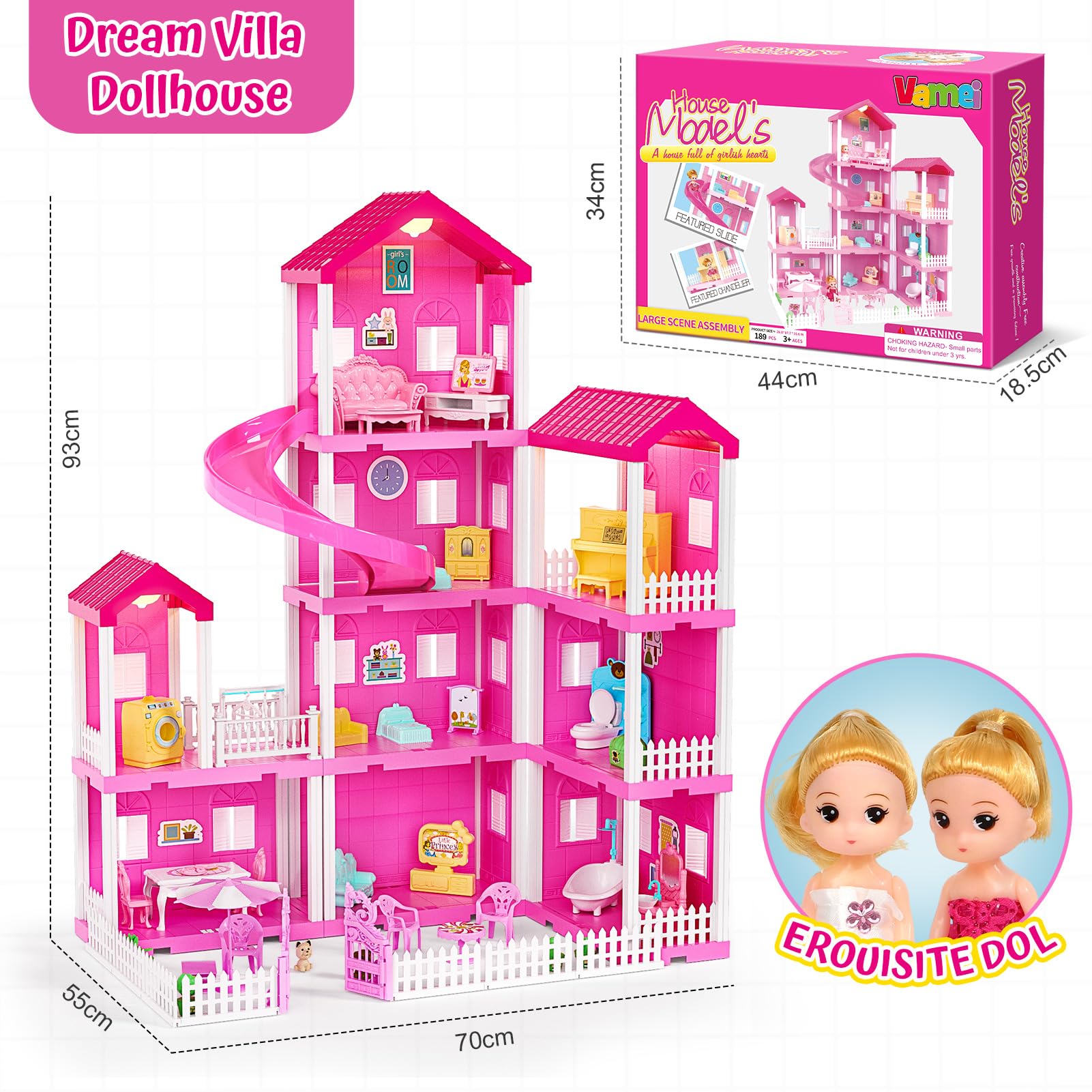 vamei 4 Étages Maison de Poupée pour Enfants avec 9 Pièces et Meubles de Maison, DIY Maison Poupee avec Poupe Meubles Accessoires, Jeux de Simulation Jouets Cadeau pour Filles âgés de 3 4 5 6 Ans