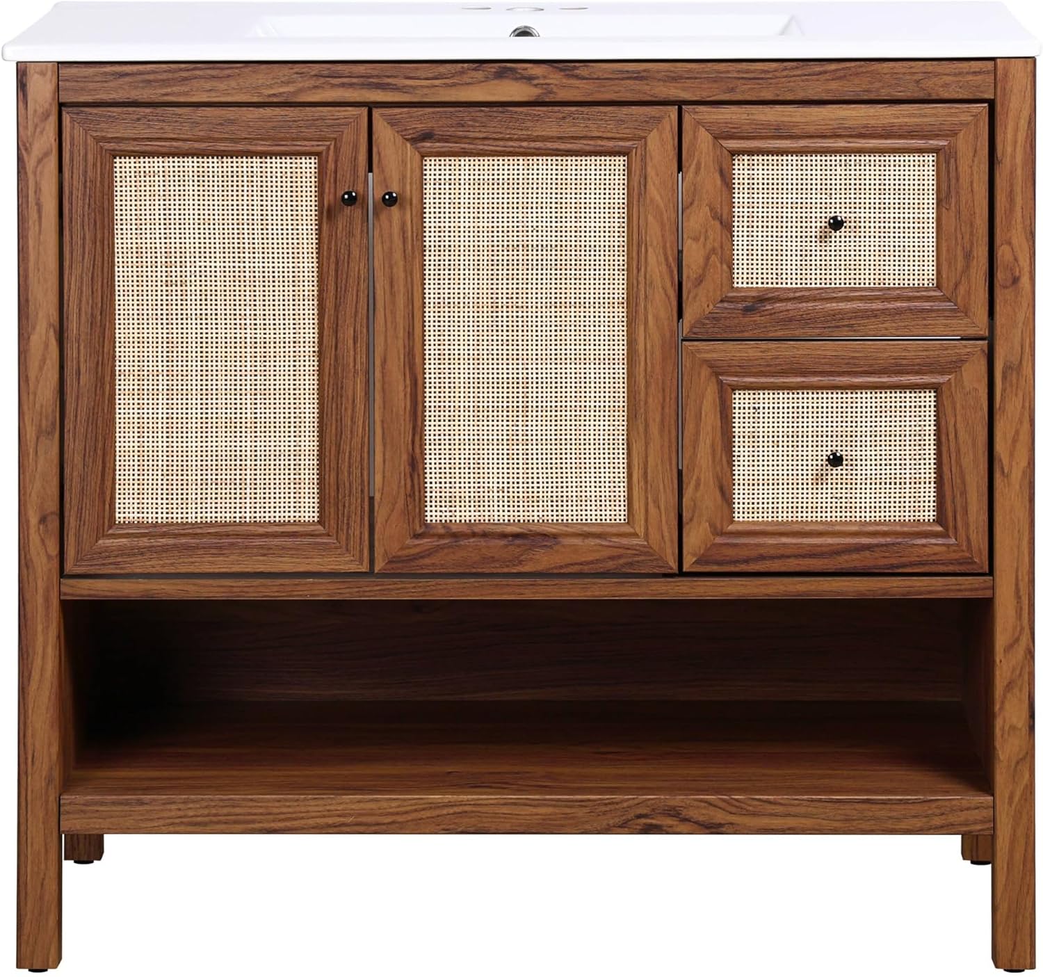 JONATHAN Y Jasper Walnut 36 in. W x 18 in. D x 33 in. H Bathroom Vanity Cabinet with Rattan Soft-Close Doors and Drawers, Freestanding Coastal Storage, Sink Basin not Included VAN1025B