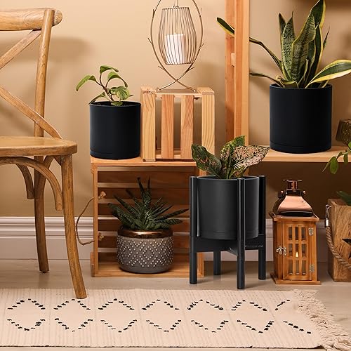 Miniatura 6 de Maceta de D'vine Dev con soporte - Maceta de flores de cilindro de plástico de 8.0 pulgadas con soporte de madera para interiores, maceta mate negra