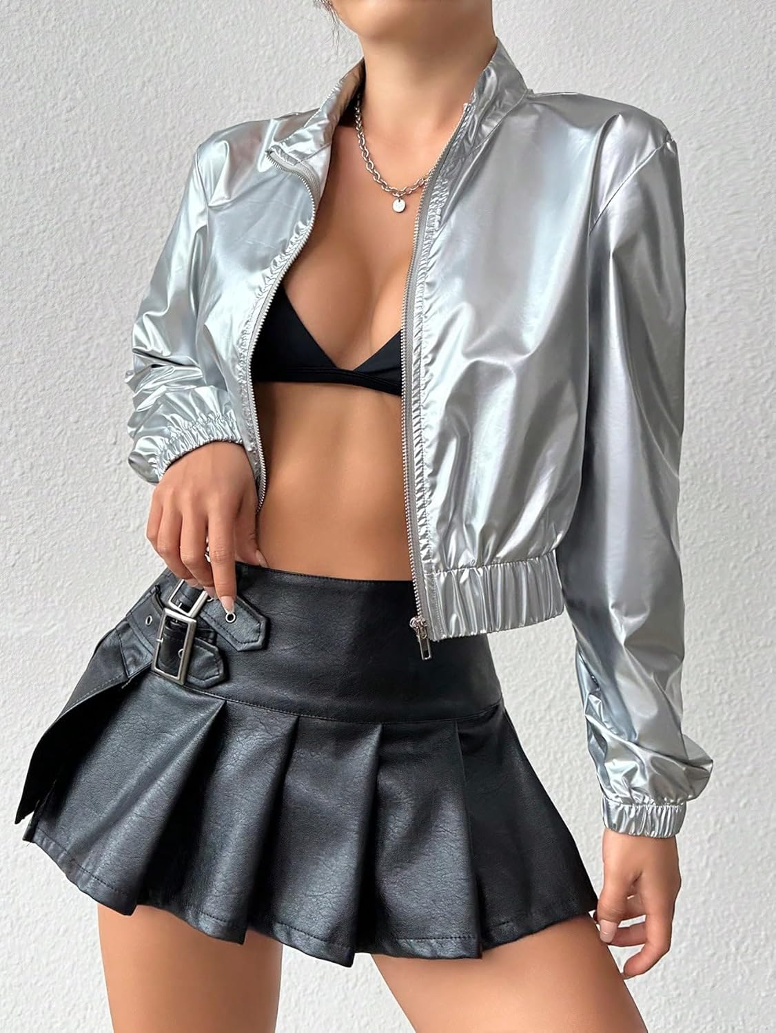 OYOANGLE Women's Metallic Zip Up Crop Jacket Long Sleeve Mock Neck Bomber Jackets Outerwear - Image 2