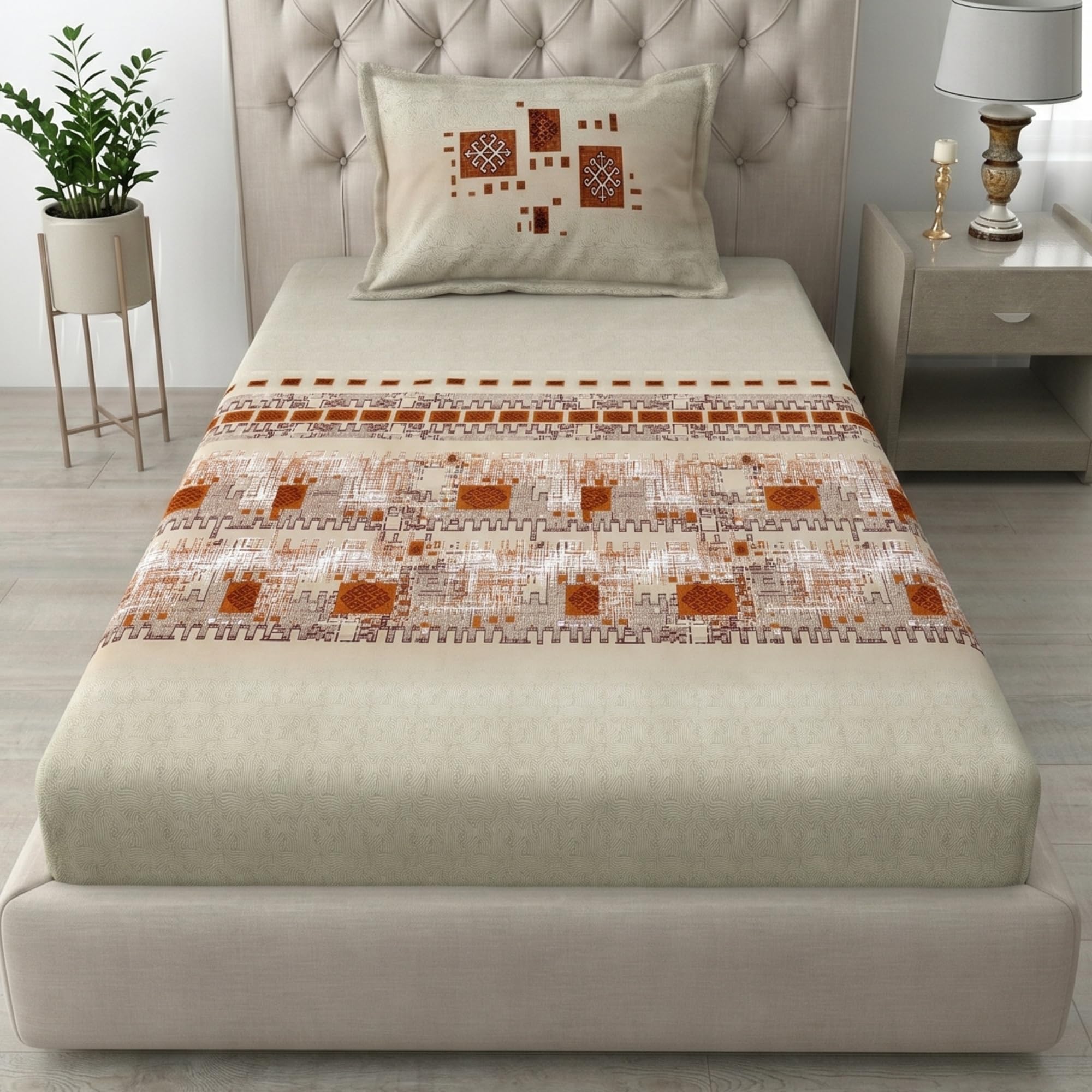 Mafatlal King Size Bedsheet - Beige Blue Leaf Print -23