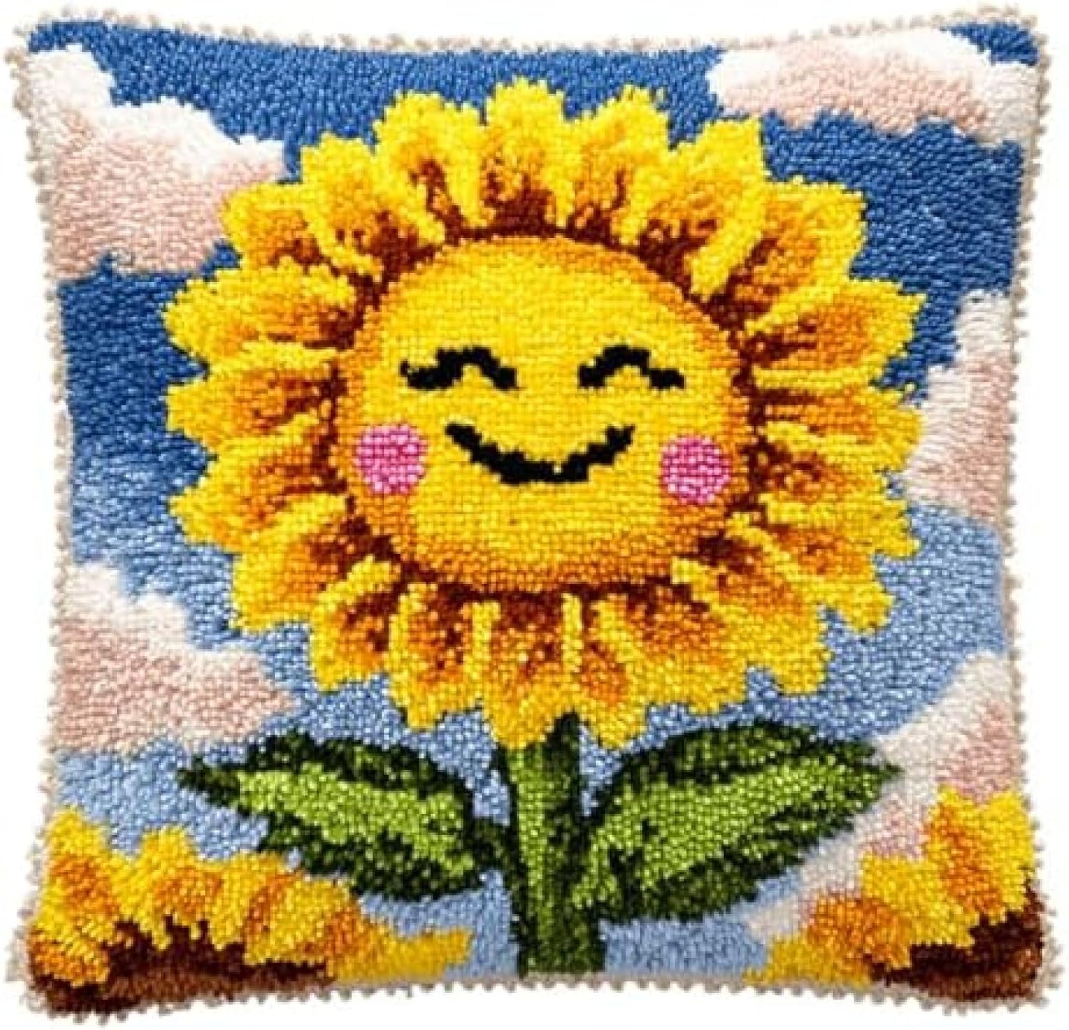 Unique Craft Gift for Crafters,DIY Latch Hook Pillow Kit,Present for Teens,Women & Craft Lovers,Handmade Decorative Pillow for Cosy Living Room & Bedroom,17x17 in,Cartoon Sunflower