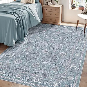 SERISSA Boho Bedroom Rug, 4x6 Vintage Floral Washable Non Slip, Ultra Soft Distressed Entry, Low-Pile Throw, Blue Grey Carpet for Nursery, Dorm, Kitchen, Living Room Decor