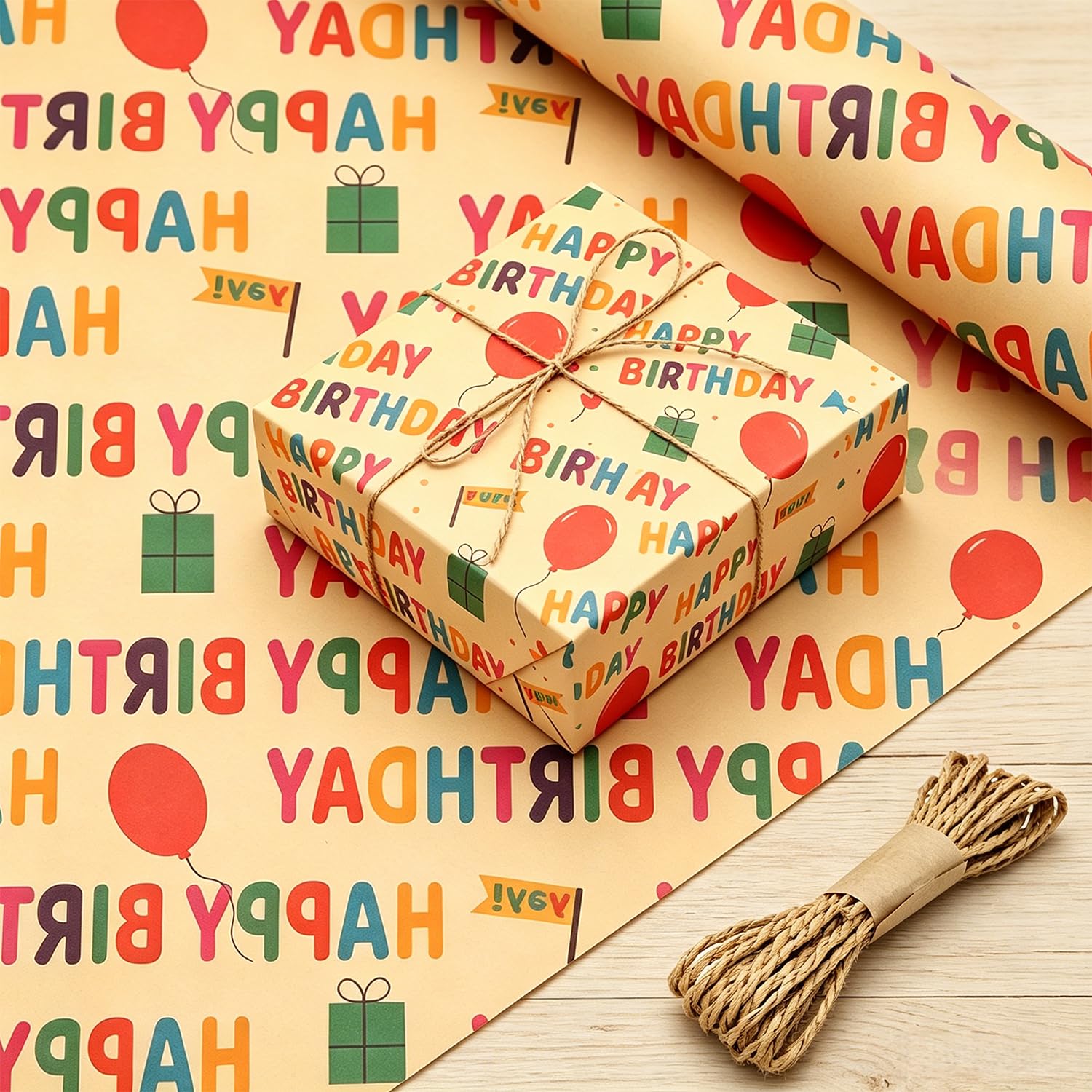 Birthday Wrapping Paper Roll 43cm x 10m Kraft Gift Wrap with Hemp Rope