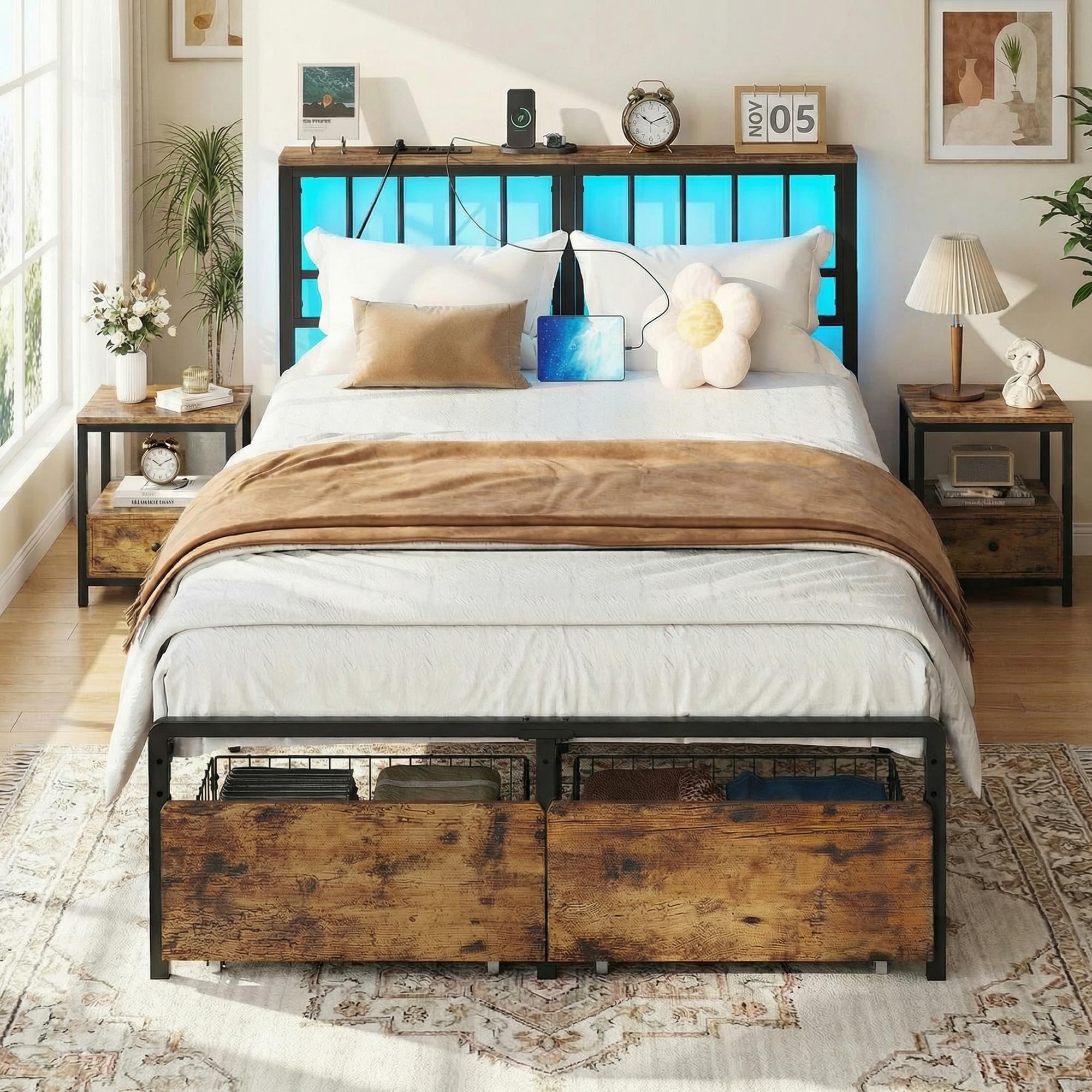 IRONCK Letto 120 x 200 cm con Illuminazione a LED, Struttura Letto 120x200 cm con 2 Cassetti, Letto Singolo con 2 Prese AC 1 Porta USB 1 Porta Type-C, con Rete a Doghe in Meta