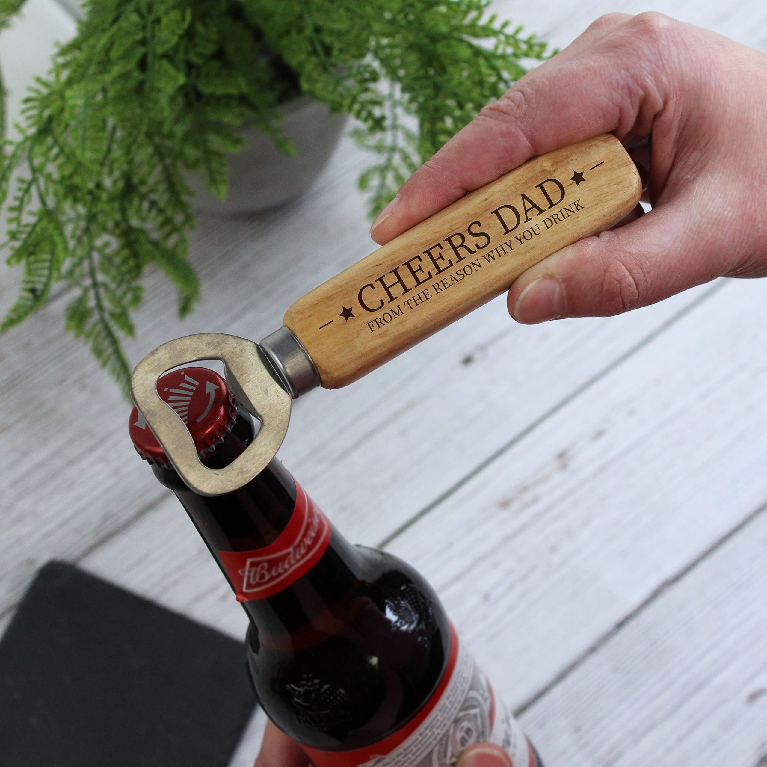 eBuyGB Cheers Dad Bottle Opener with Wooden Handle, Gifts for Dad, Father's Day, Funny Birthday Gift, Laser Engraved Wood Bottle Opener