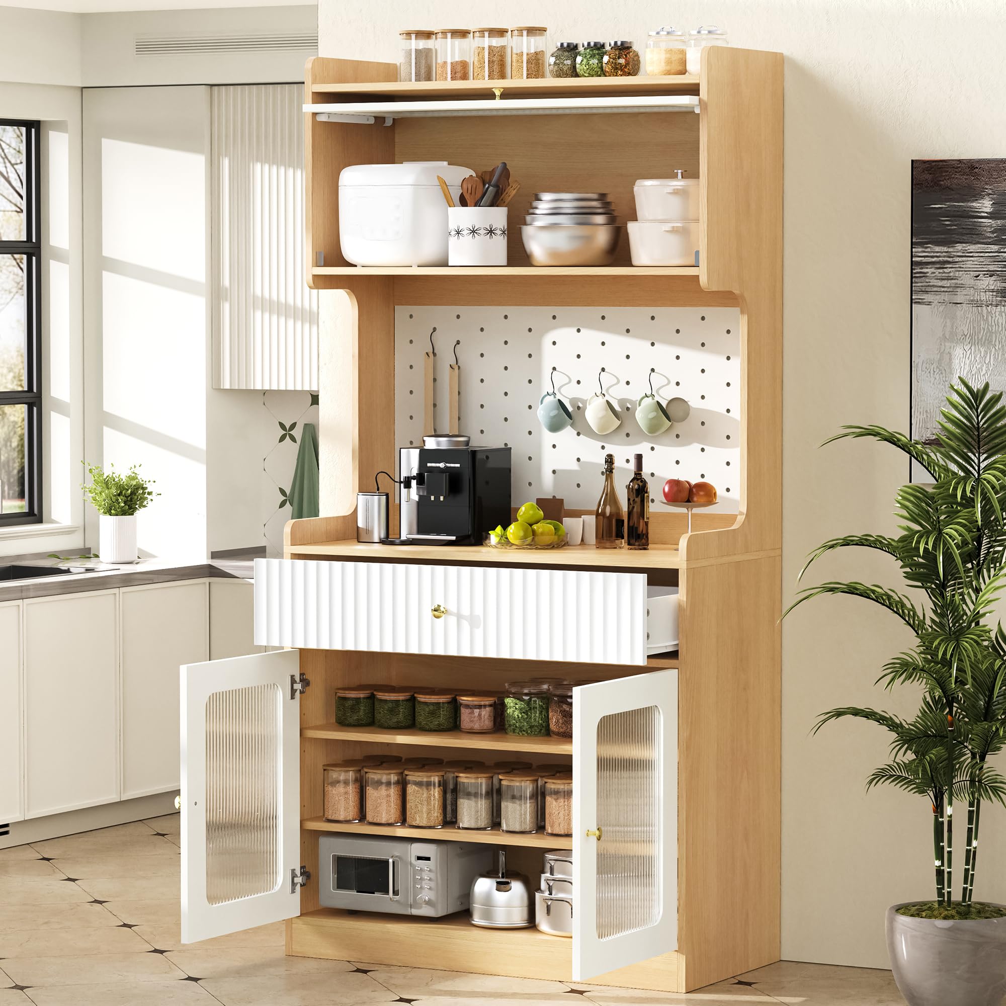 MURUL Highboard naturale/bianco, con LED, vetro scanalato, ripiani regolabili e cassetti, ideale per cucina, sala da pranzo e soggiorno