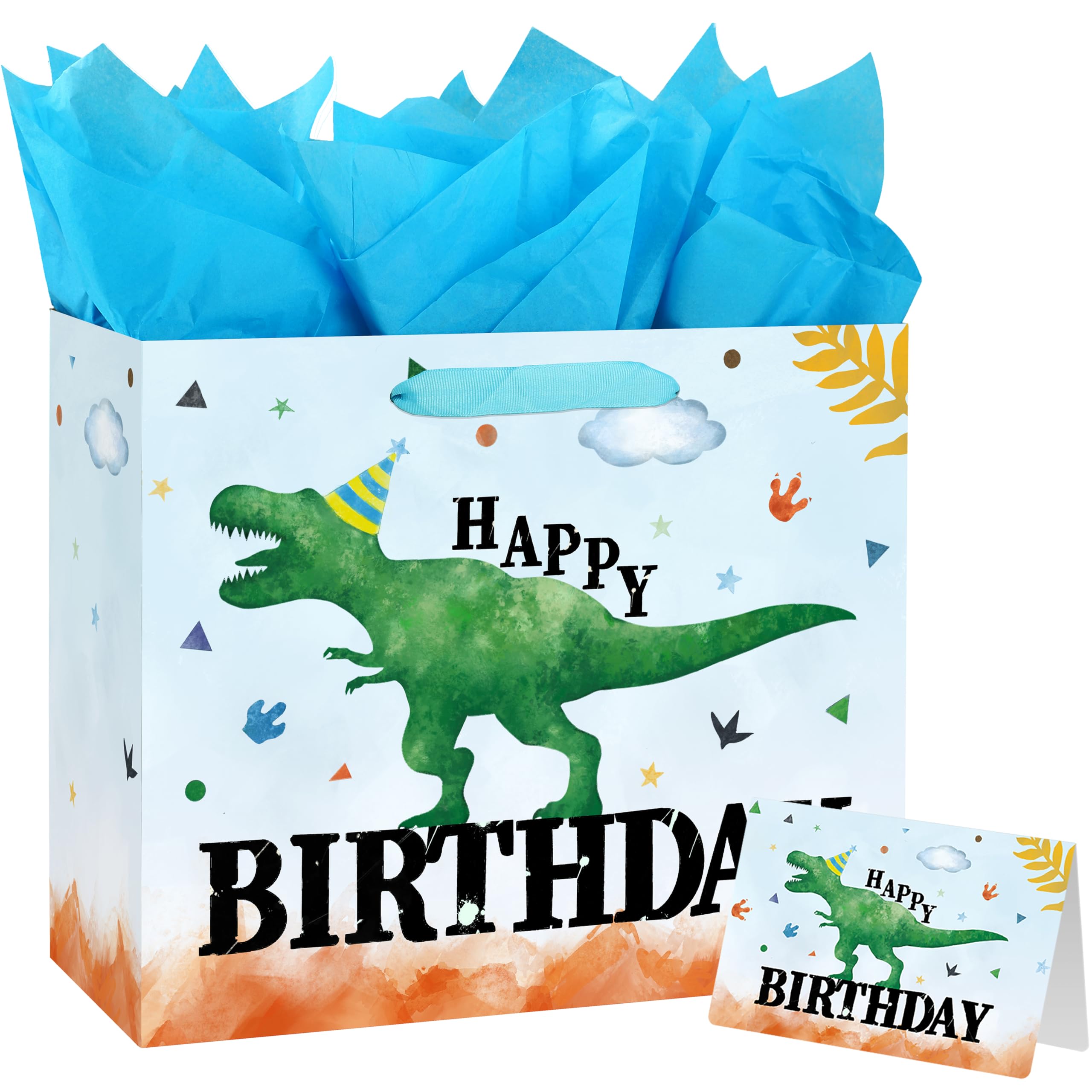 Yusenguan 13" Large Watercolor Dinosaur Birthday Gift Bag with Handles, Greeting Card and Tissue Paper for Boys, Girls, Kids Birthday Party