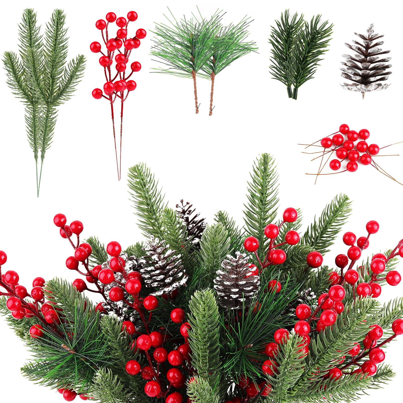 Kalolary Künstliche Tannenzapfen Zweig-Set, 150 Stück, sortierte künstliche Tannennadeln, Zweige, schneebedeckter Weihnachtsbaum, florale Zweige, Weihnachtszweige, rote Stechpalmenbeeren, Stiele für