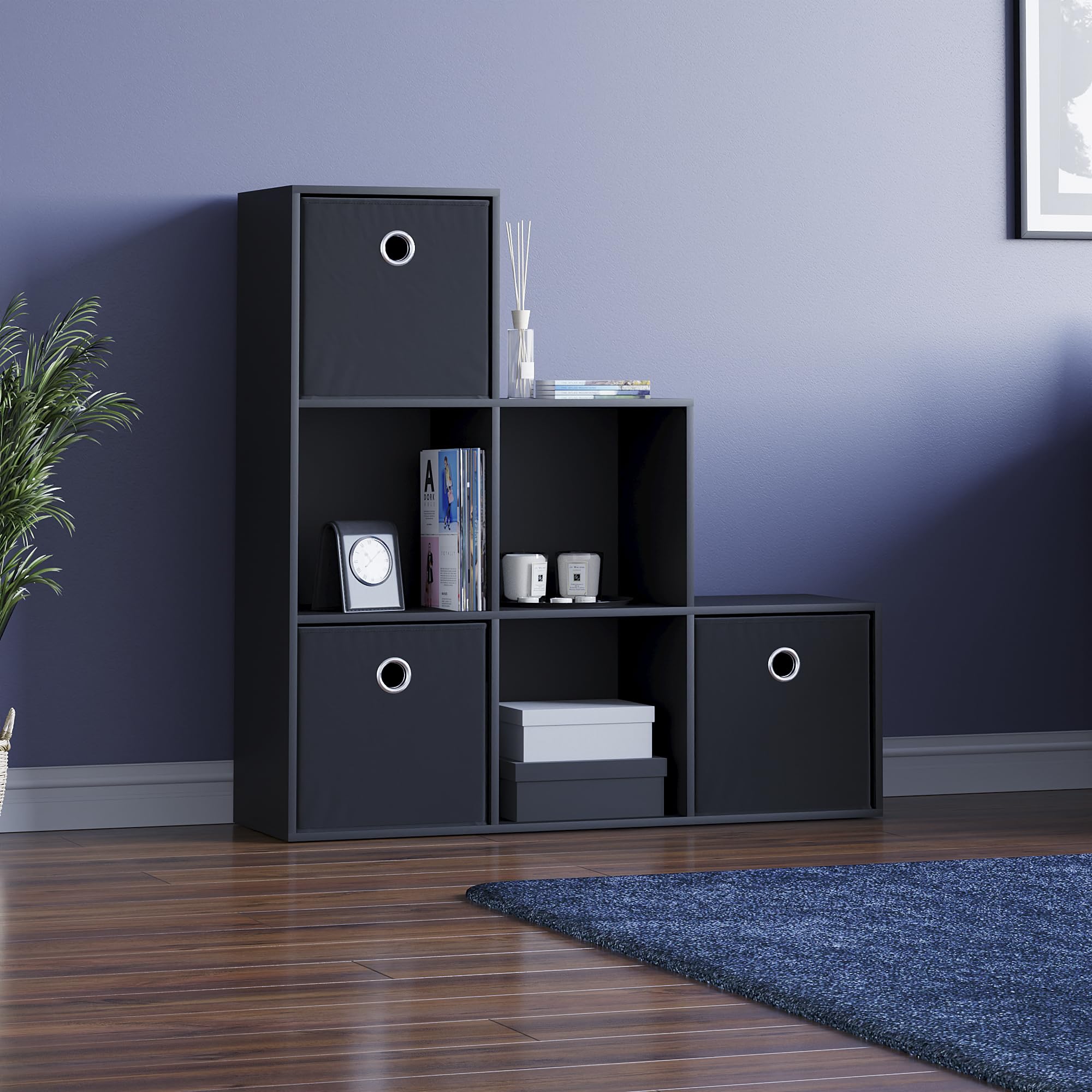 Vida Designs Durham Staircase Bookcase Shelves Storage Organiser Living Room Furniture (6 Cube & 3 Black Baskets, Black)