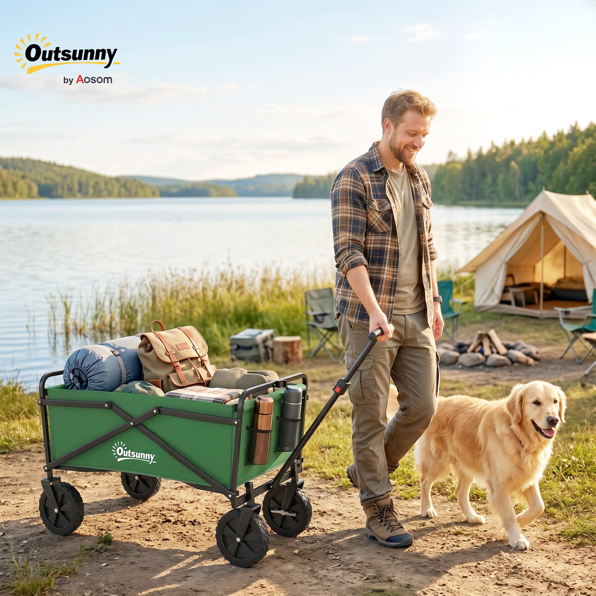 Outsunny Chariot de Transport Pliable à Roues Tout-Terrain avec Freins, Chariot de Campings avec Poignée en Acier, pour Plage Jardin Extérieur, Charge 40kg, 120L, Vert Foncé