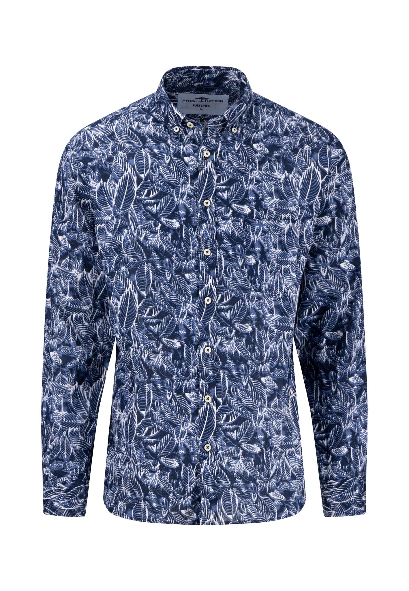 Fynch-Hatton Men's Navy Summer Linen Prints Long Sleeve Shirt 2XL Blue