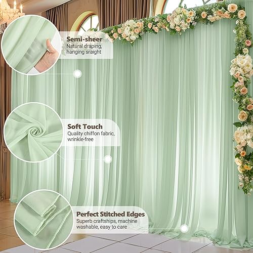 Miniatura 6 de Cortinas de telón de fondo verde salvia de 10 x 10 pies cortinas de tela de gasa transparente sin arrugas para decoración de boda arco de fiesta