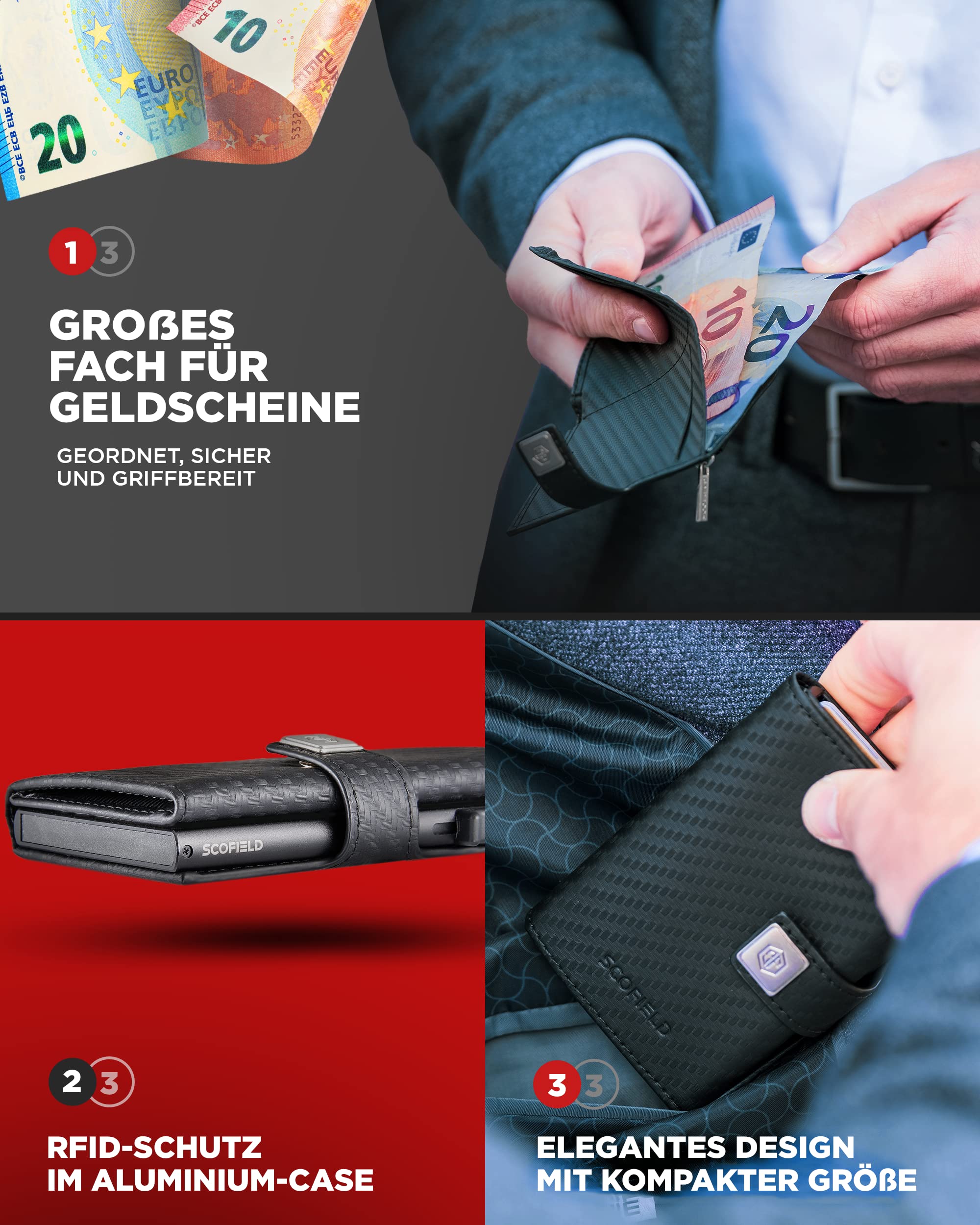 SF SCOFIELD Trinity Portafoglio sottile con scomparto per monete I Custodia per carte di credito da uomo per 10-12 carte I RFID - Protezione I Wallets for Men I Smart Wallet I Case