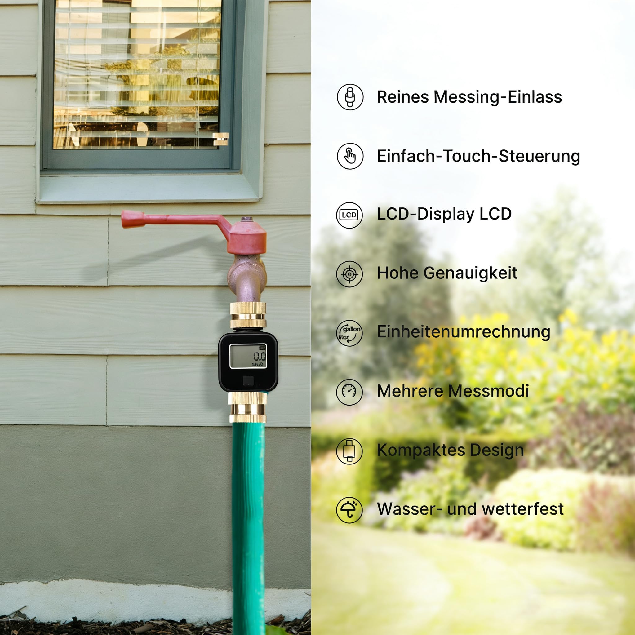 Wassermengenzähler, Wasserzähler, Digitaler Wasserzähler, Durchflussmesser Wasser mit Messing Gewinde, Gartenwasserzähler mit 4 Messmodi, hohe Genauigkeit Wasseruhr, für Gartenbewässerung im Freien