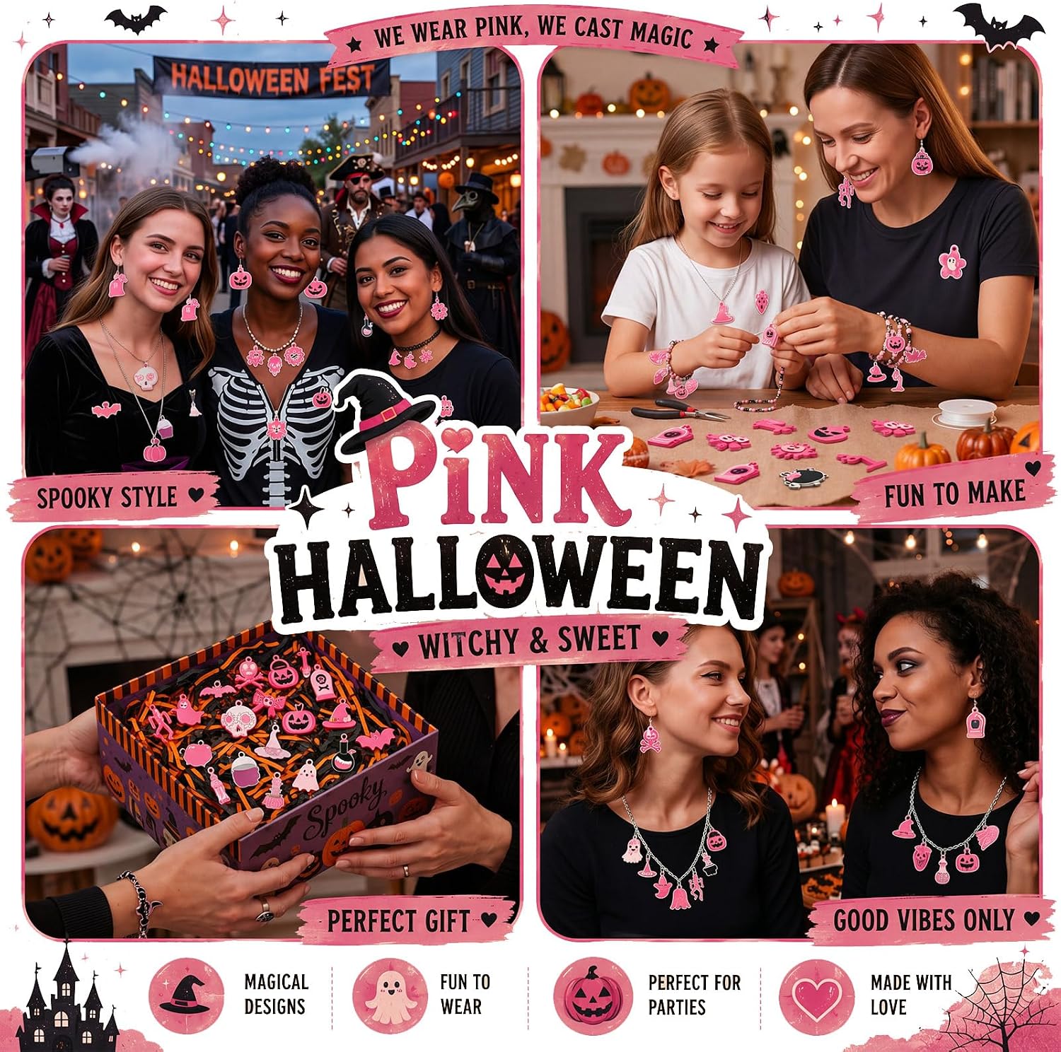 Kajaia 200 Pcs Pink Halloween Charms Bulk for Jewelry Making Bulk Enamel