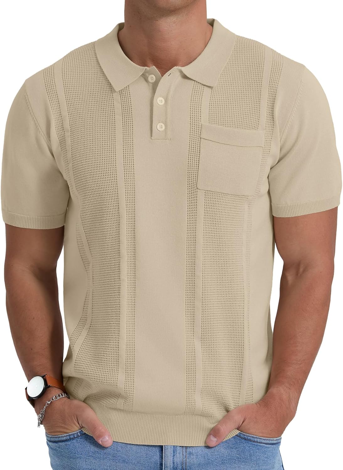 Sailwind Mens Textured Knit Polo Shirts Short Sleeve Summer Collared T Shirt with Pocket - Image 2