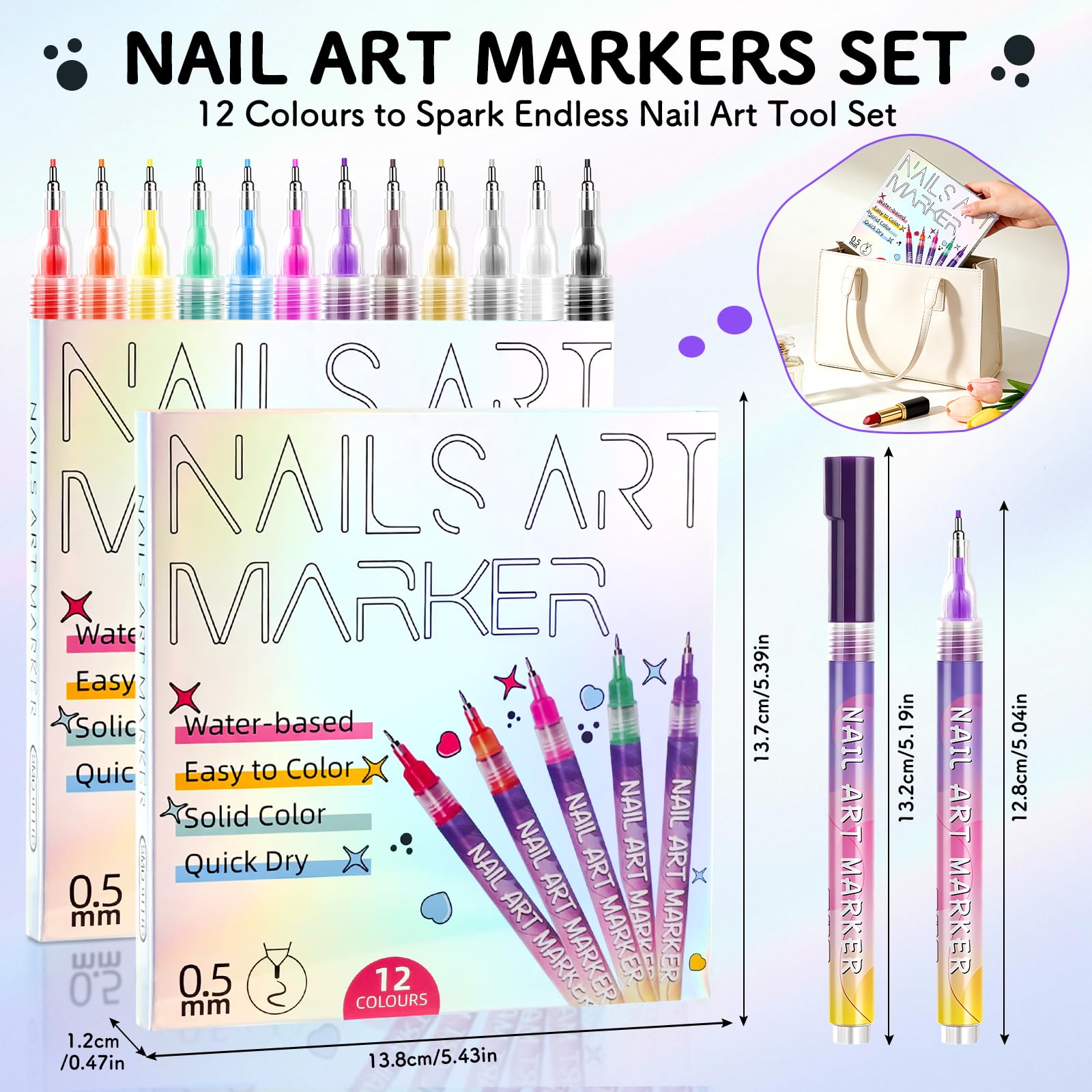 Set de 12 Bolígrafos para Uñas Nail Art, Nails Art Marker de Punta Fina 0,5 mm para Uñas Naturales y Uñas de Gel, Bolígrafo 3D de Esmalte de Secado Rápido para Liner, Dotting y Graffiti